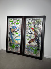 Pair of Antique Stained Glass Panels with Exotic Birds