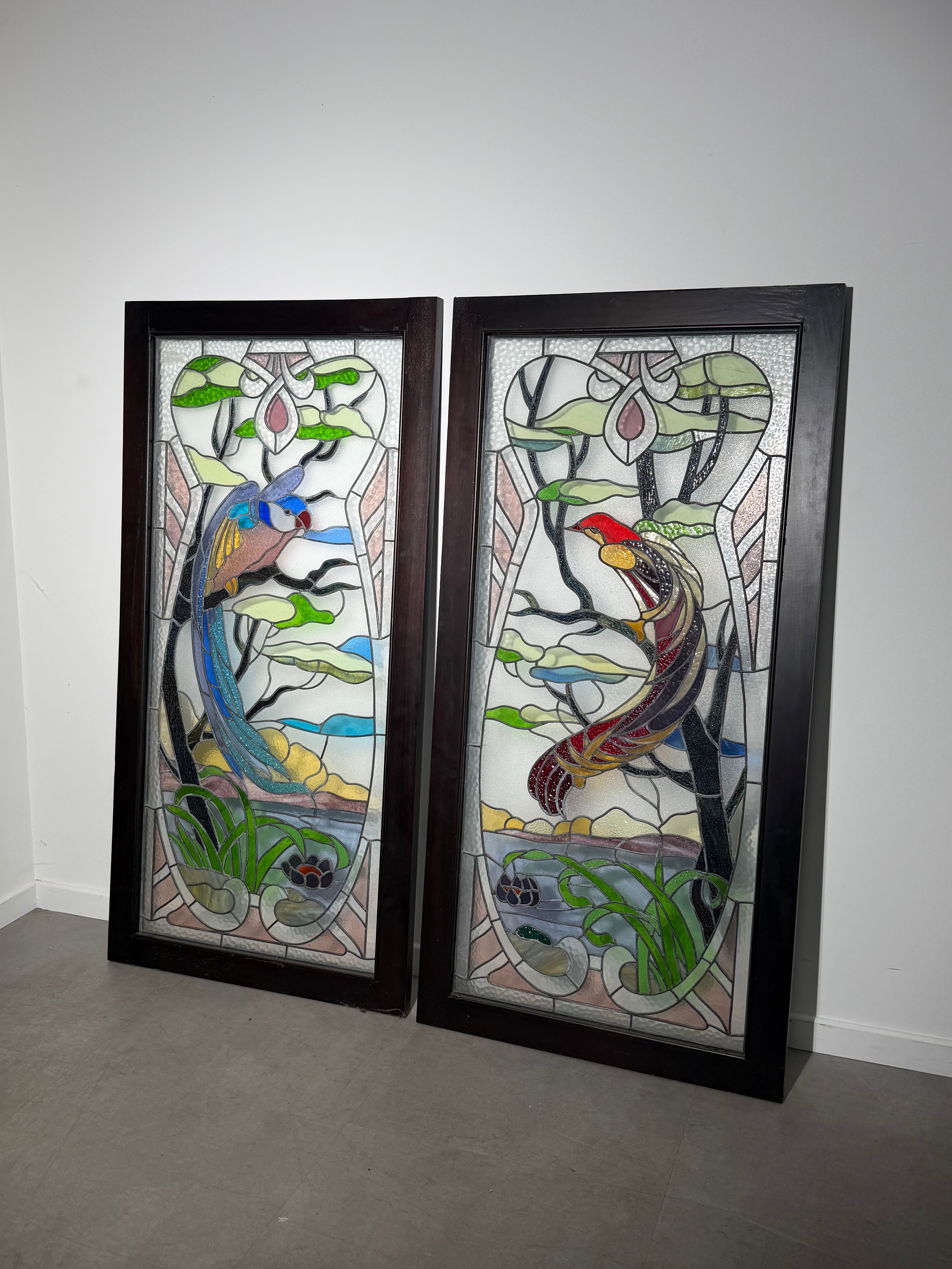 Pair of Antique Stained Glass Panels with Exotic Birds