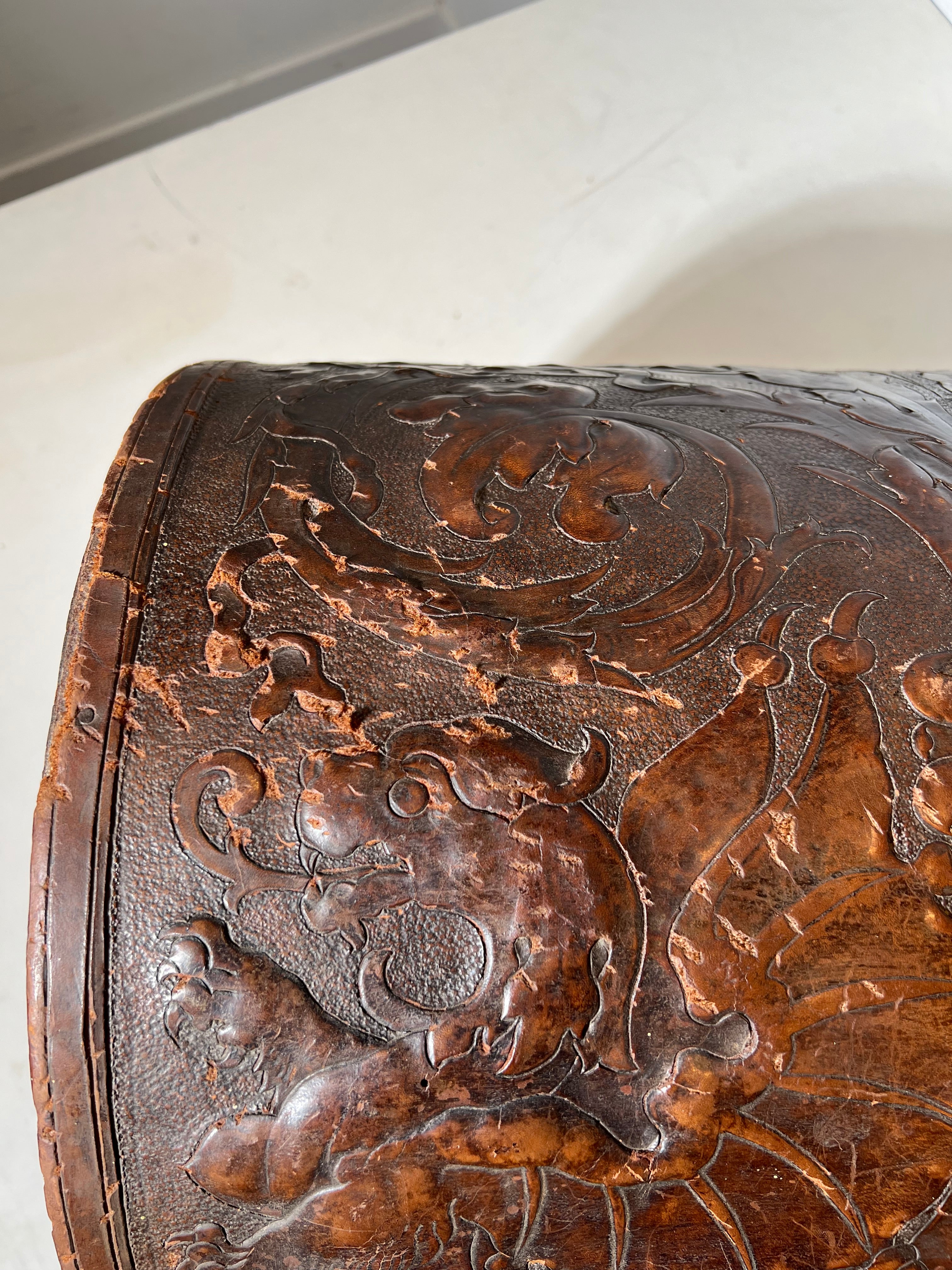 Antique Embossed Leather Dome Chest