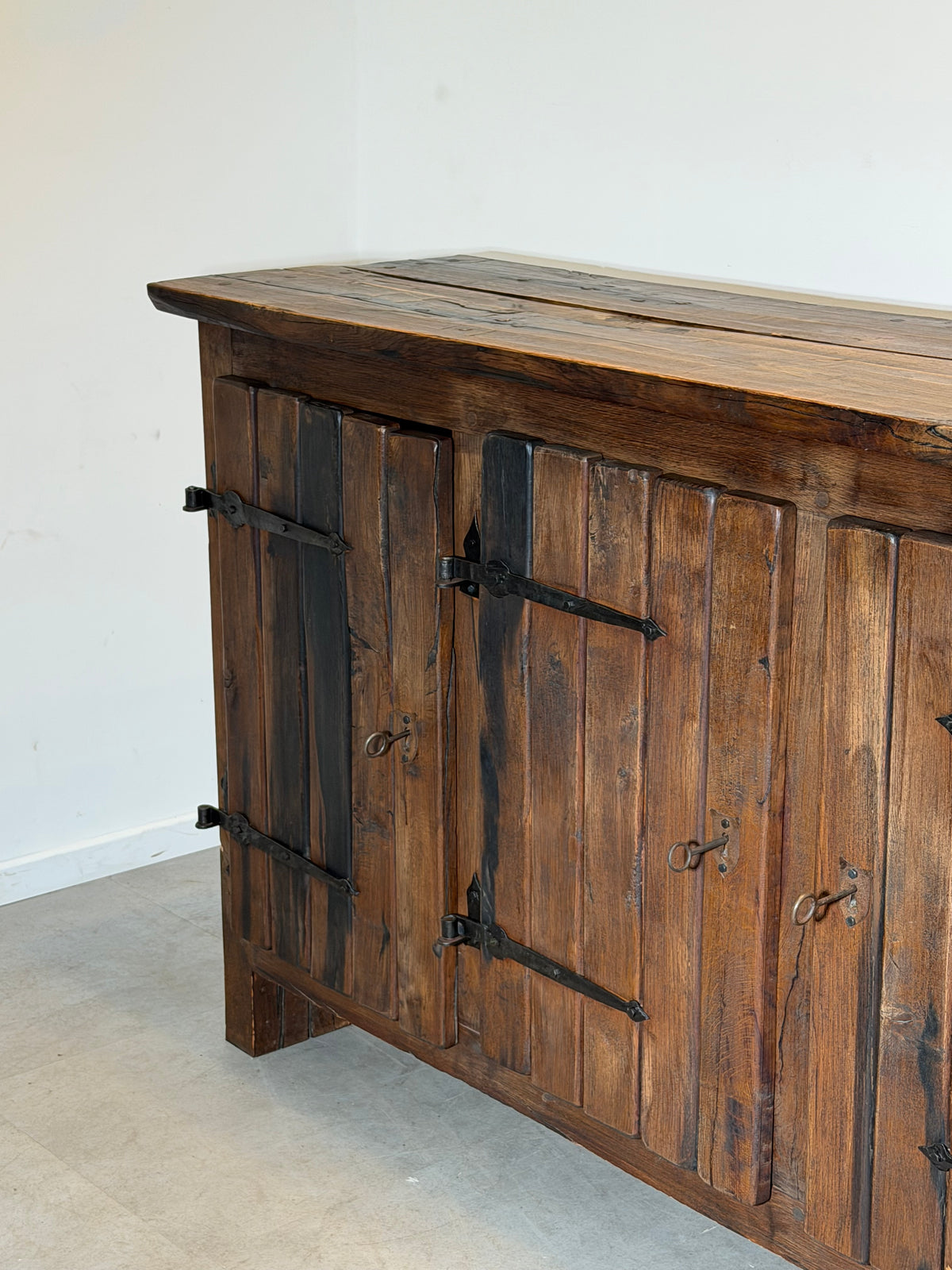 Large Brutalist Solid Wood Sideboard with Hand-Forged Iron Hardware