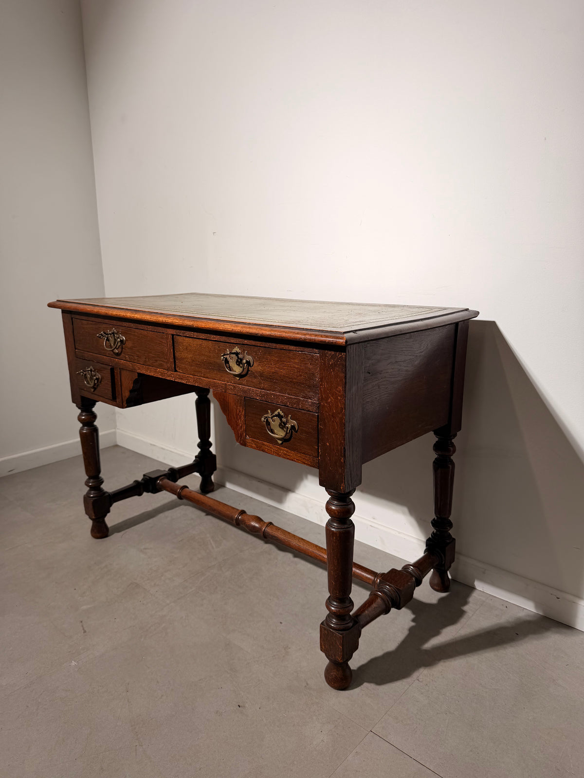 Antique Oak Writing Desk with Green Leather Top and Four Drawers