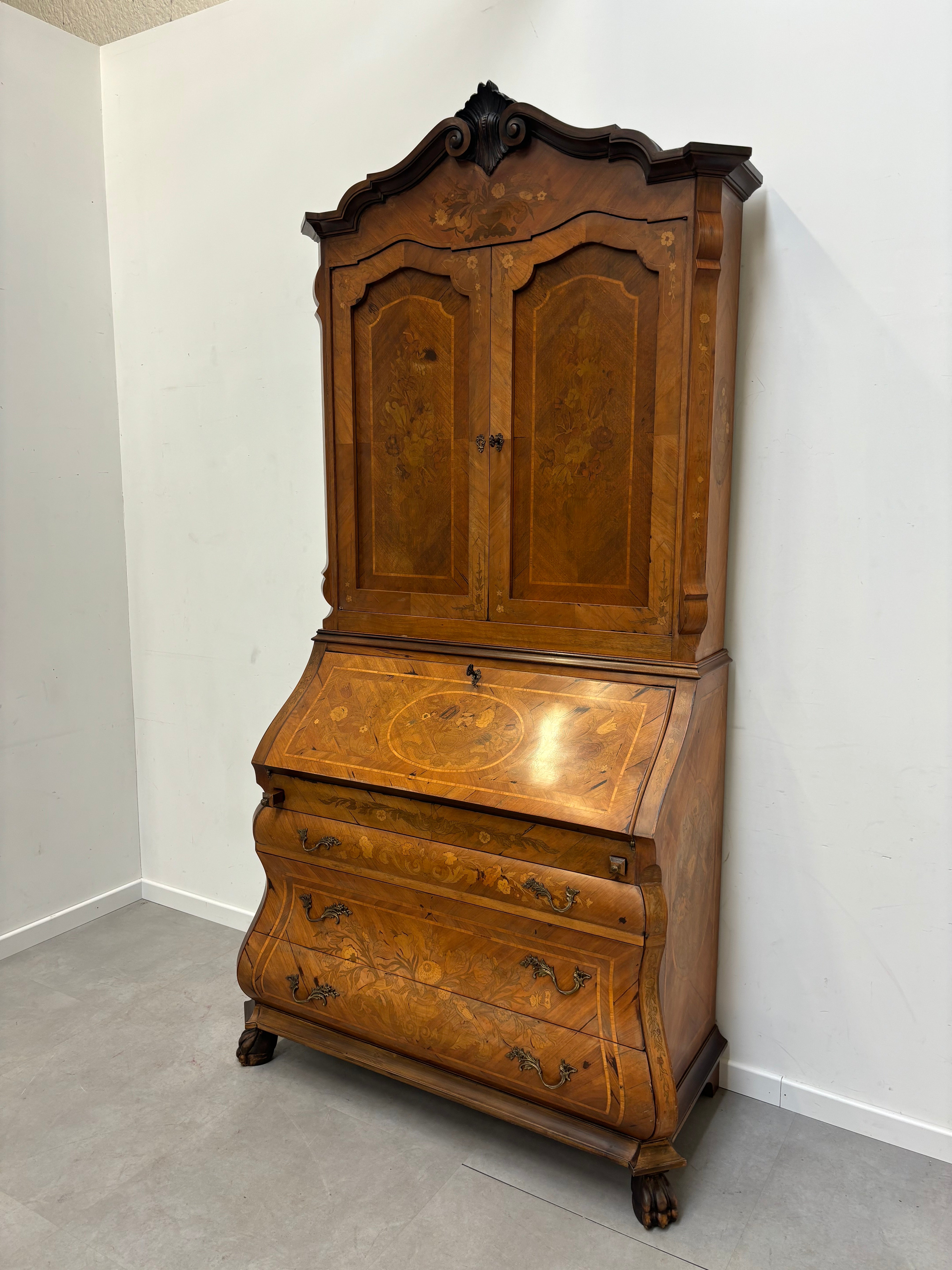 19th Century Antique Dutch Marquetry Inlaid Burr Walnut Cupboard