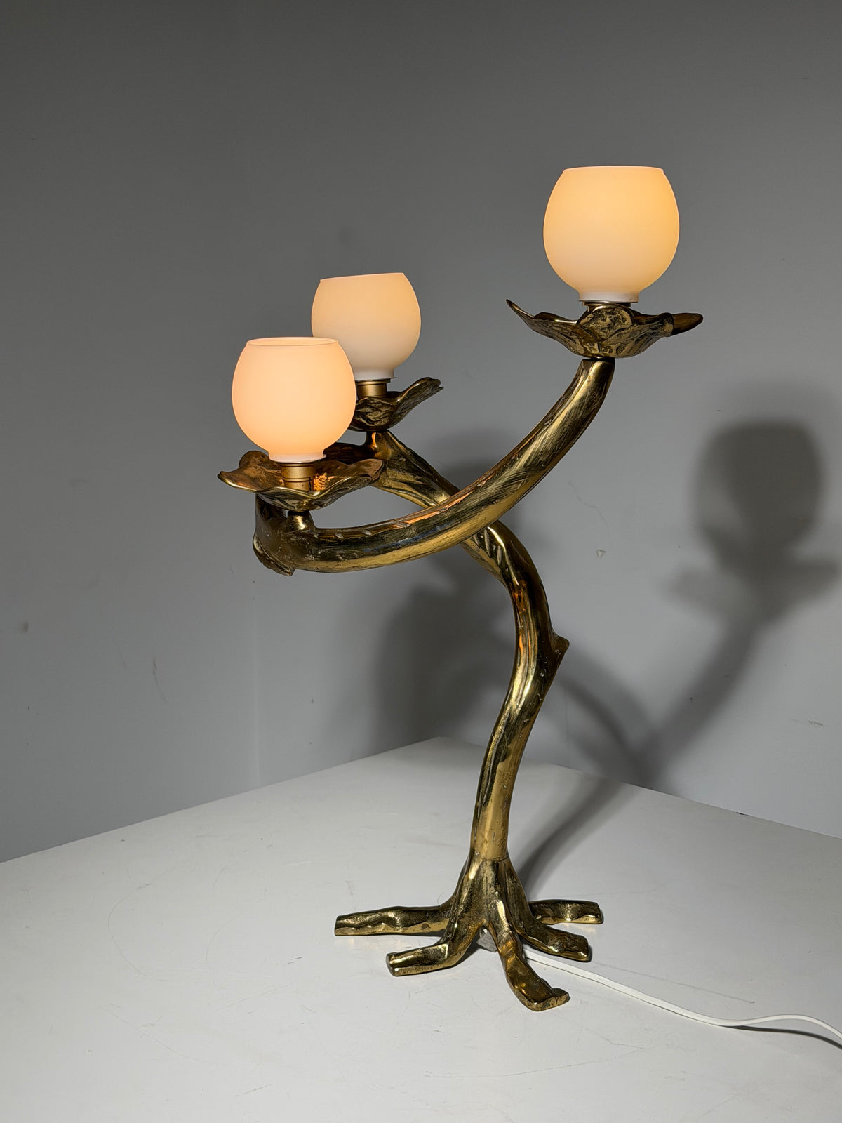 Sculptural Bronze Table Lamp with Three Opaline Glass Shades – 66 cm
