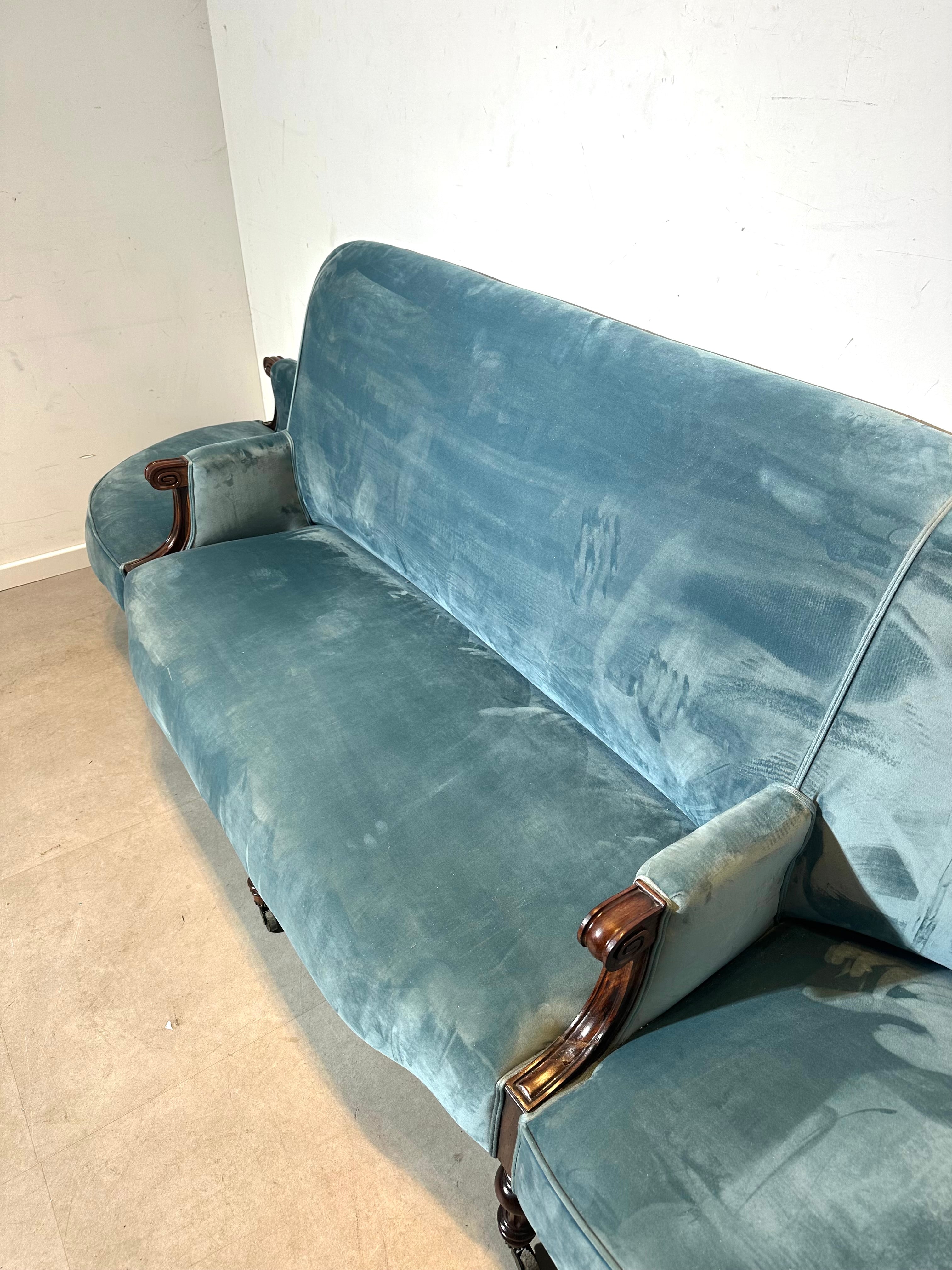 Antique Victorian-Style Blue Velvet Sofa