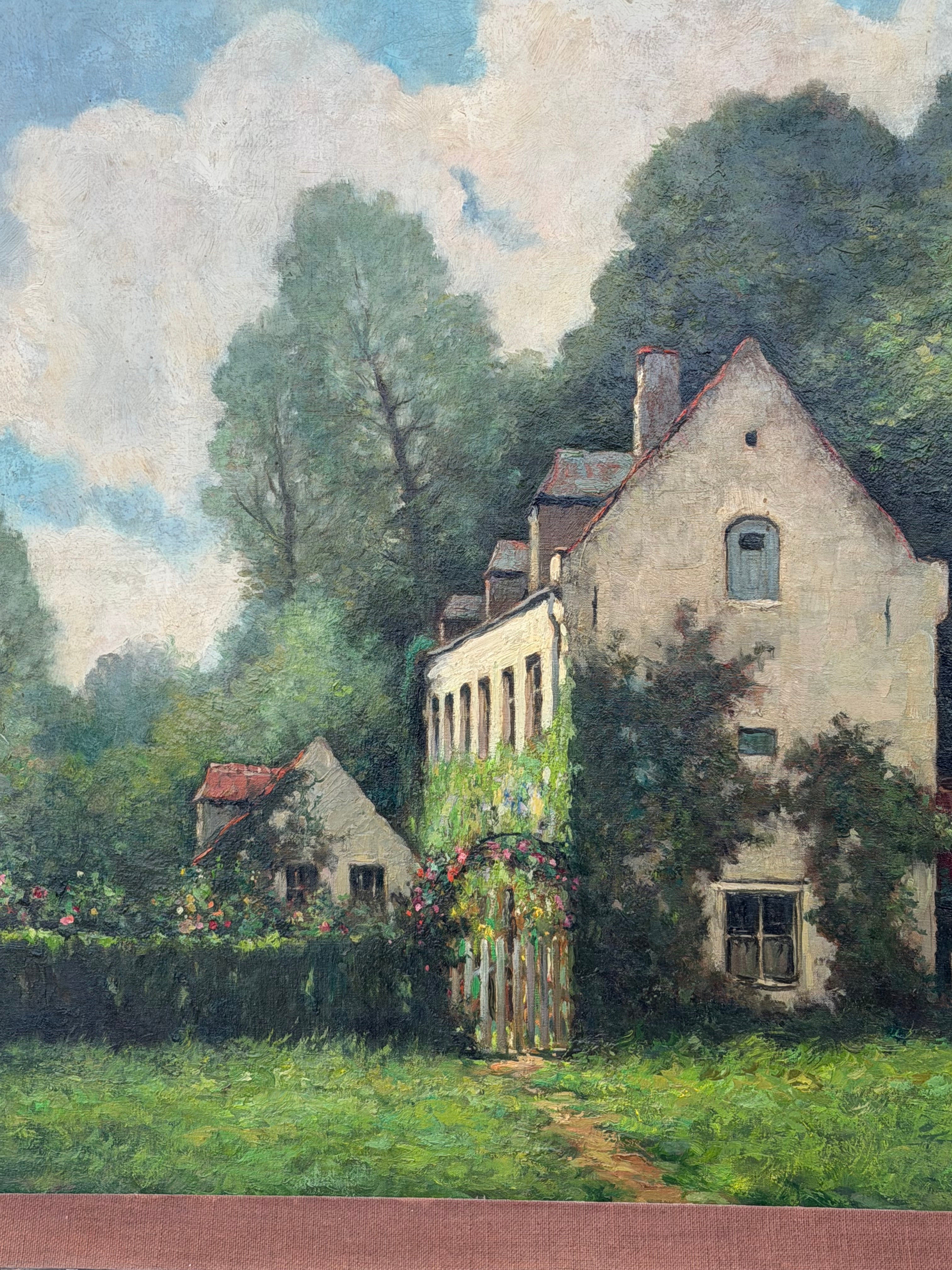 Antique Oil on Canvas Painting by Wuest – Countryside House Scene – 110 x 96 cm