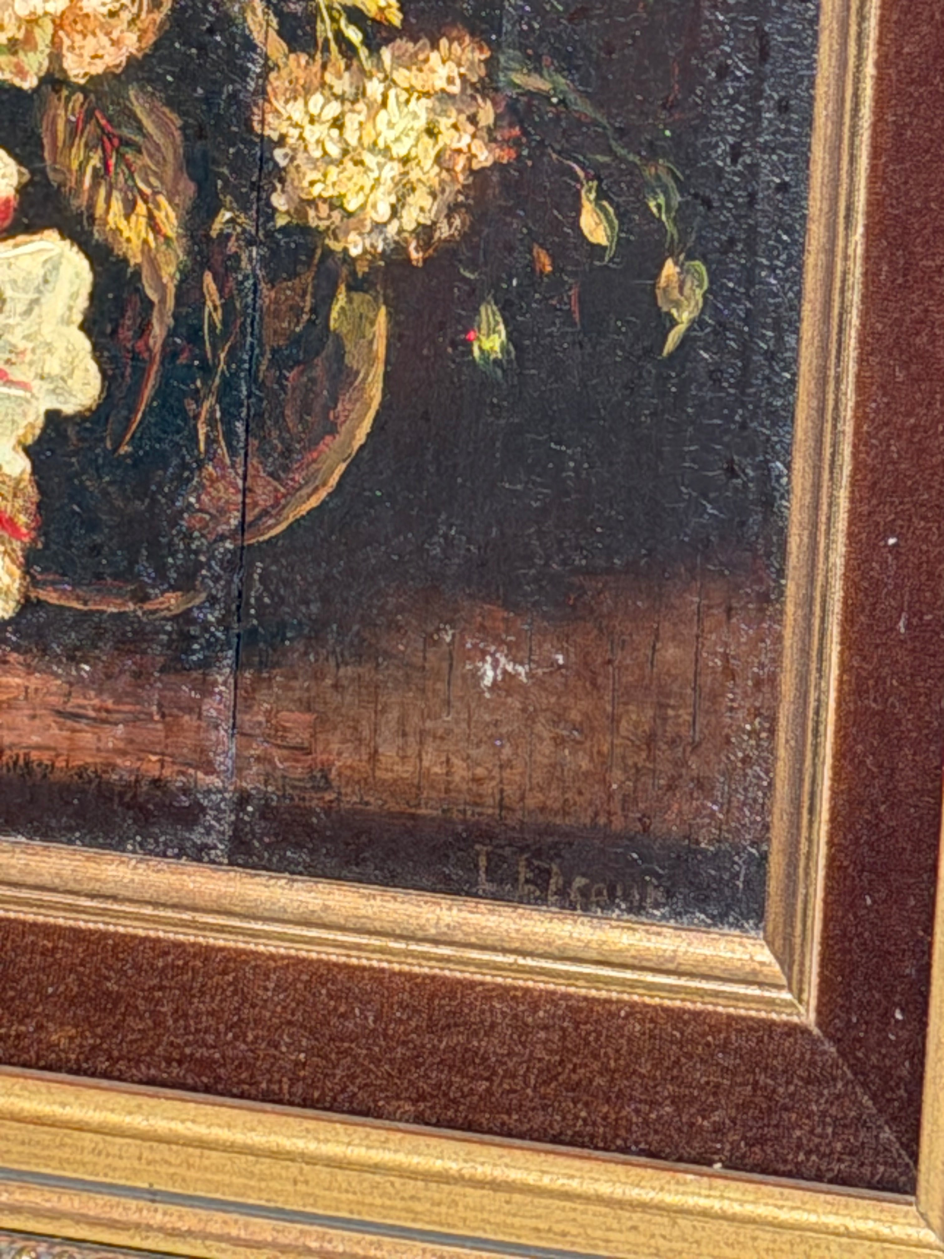 Antique French School Floral Still Life – Oil on Panel – Signed Letour