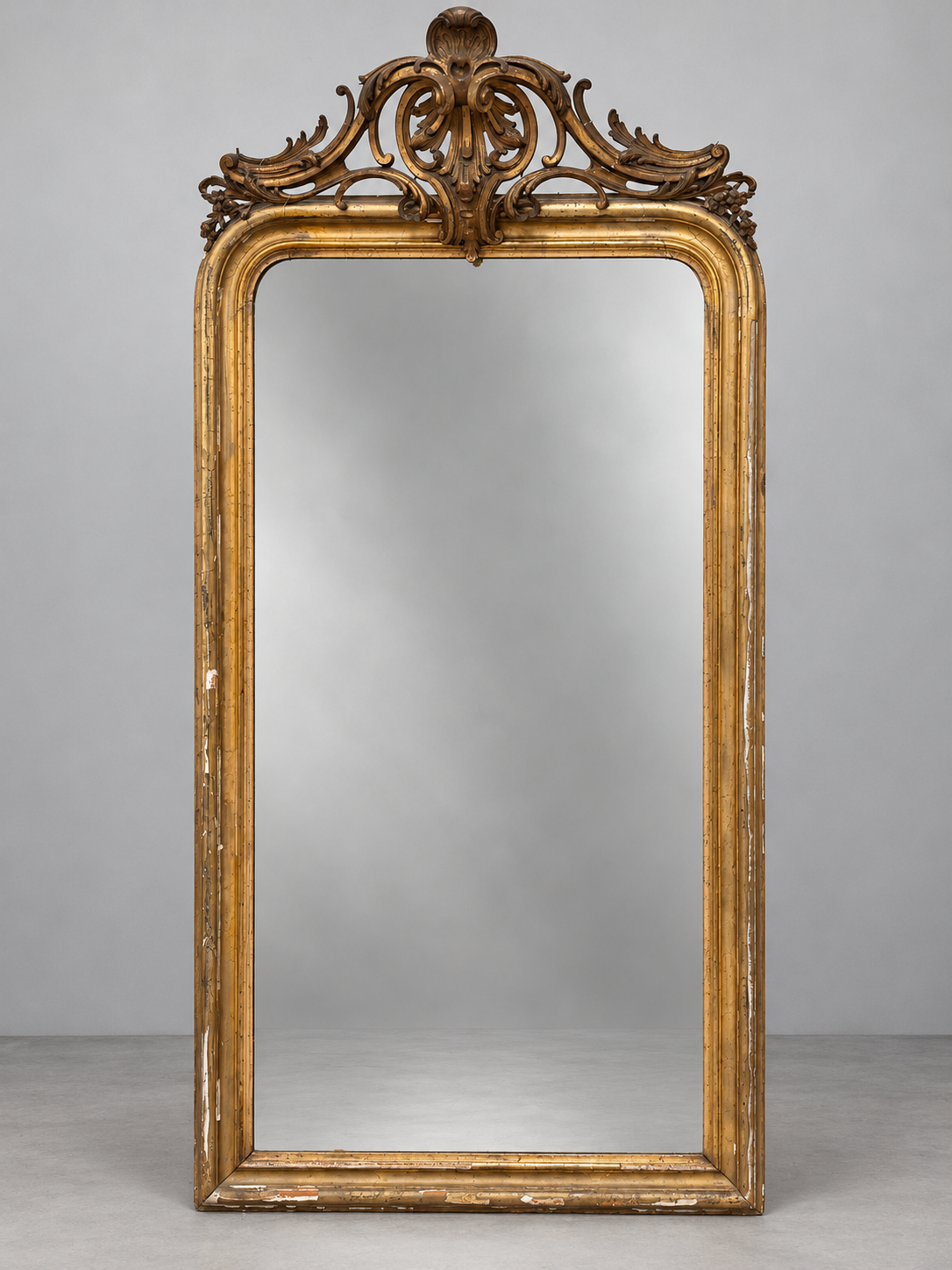 19th-Century Gilt Mirror with Ornate Crest — 192 × 100 cm
