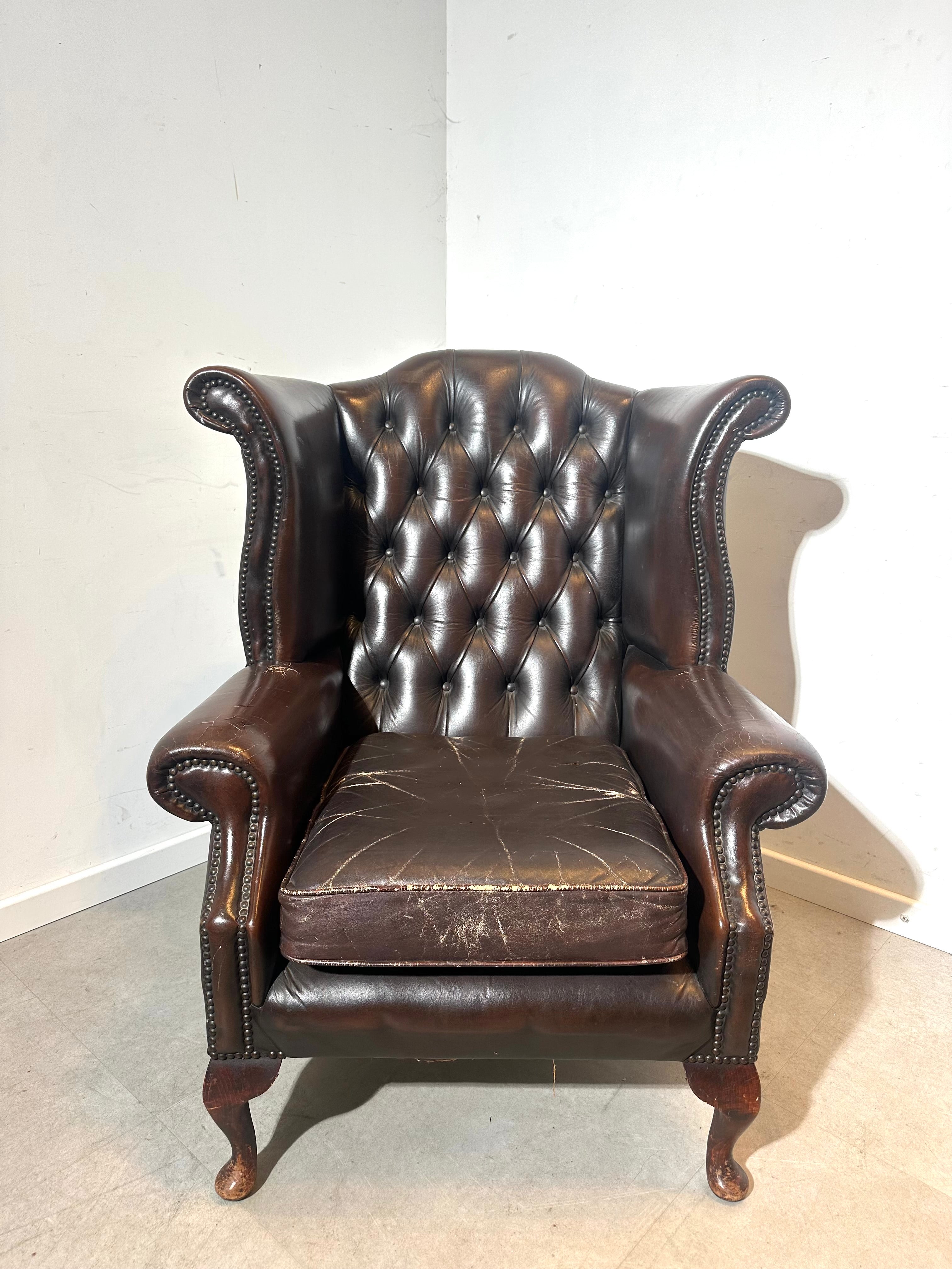 Vintage Brown Leather Wingback Armchair