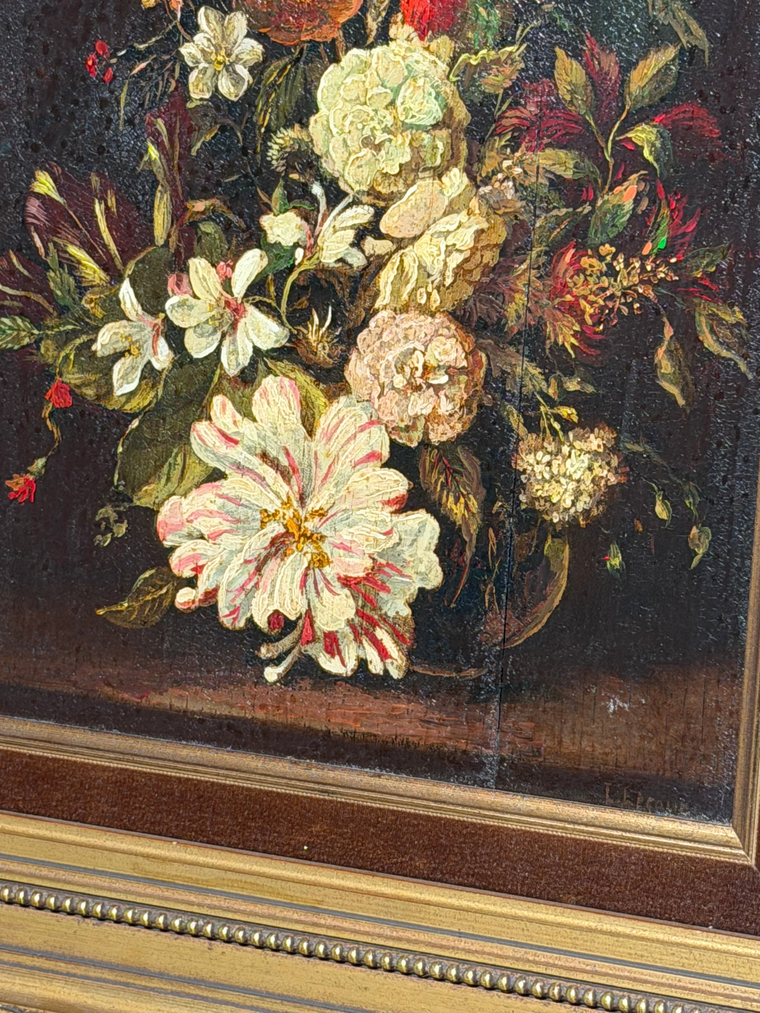 Antique French School Floral Still Life – Oil on Panel – Signed Letour