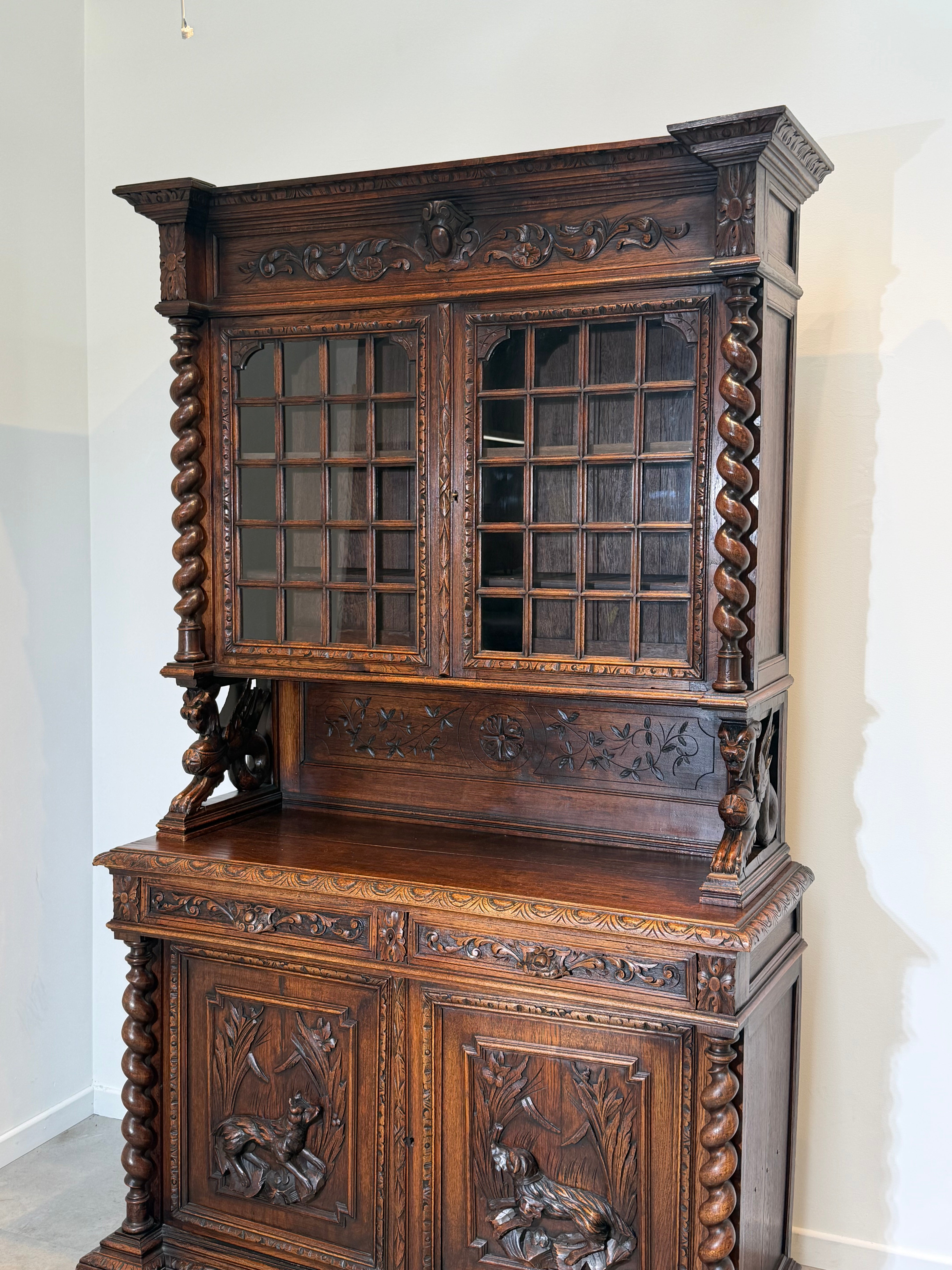 Antique Carved Oak Display Cabinet with Barley Twist Columns