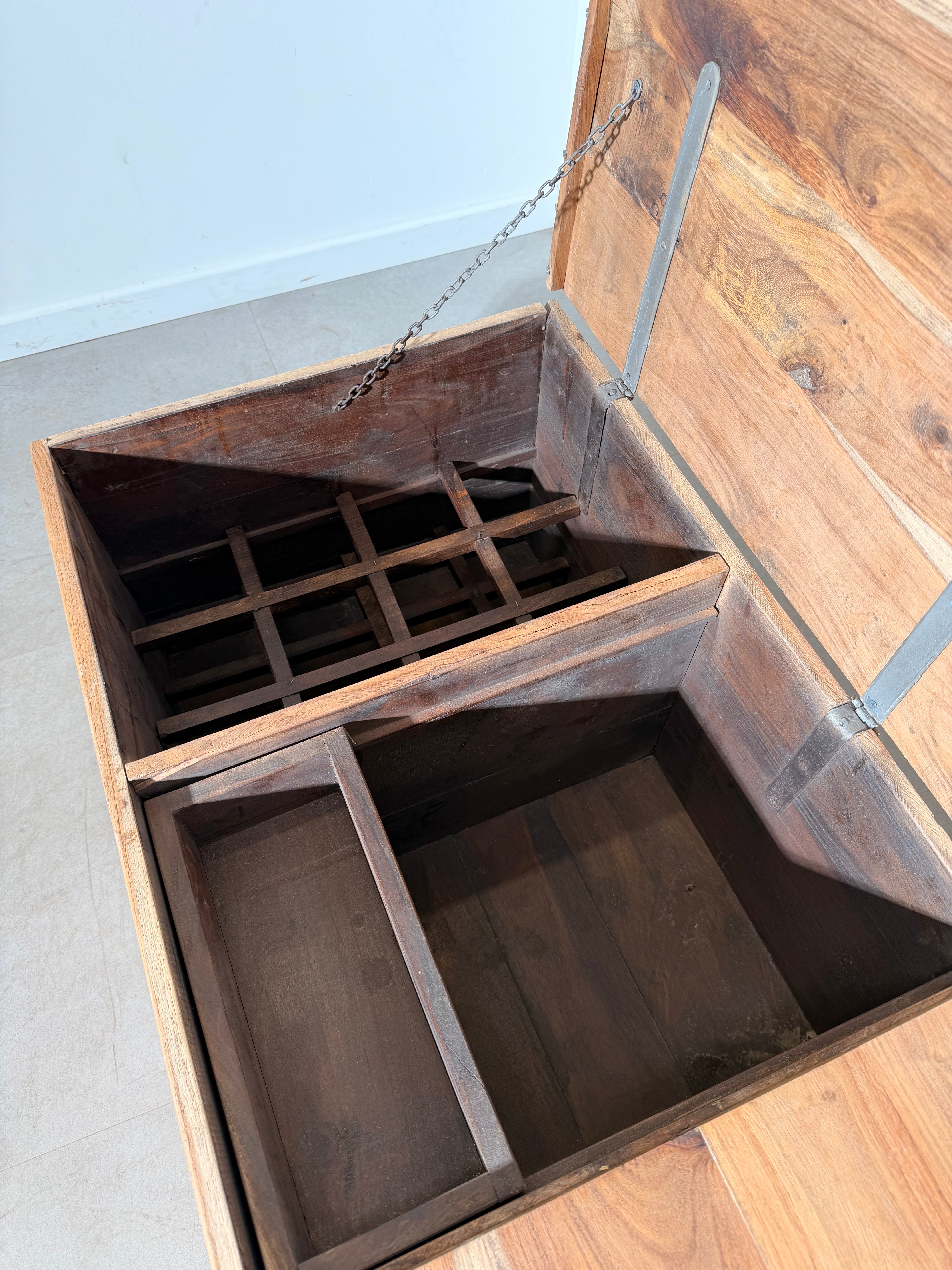 Teak Storage Chest with Integrated Wine Rack