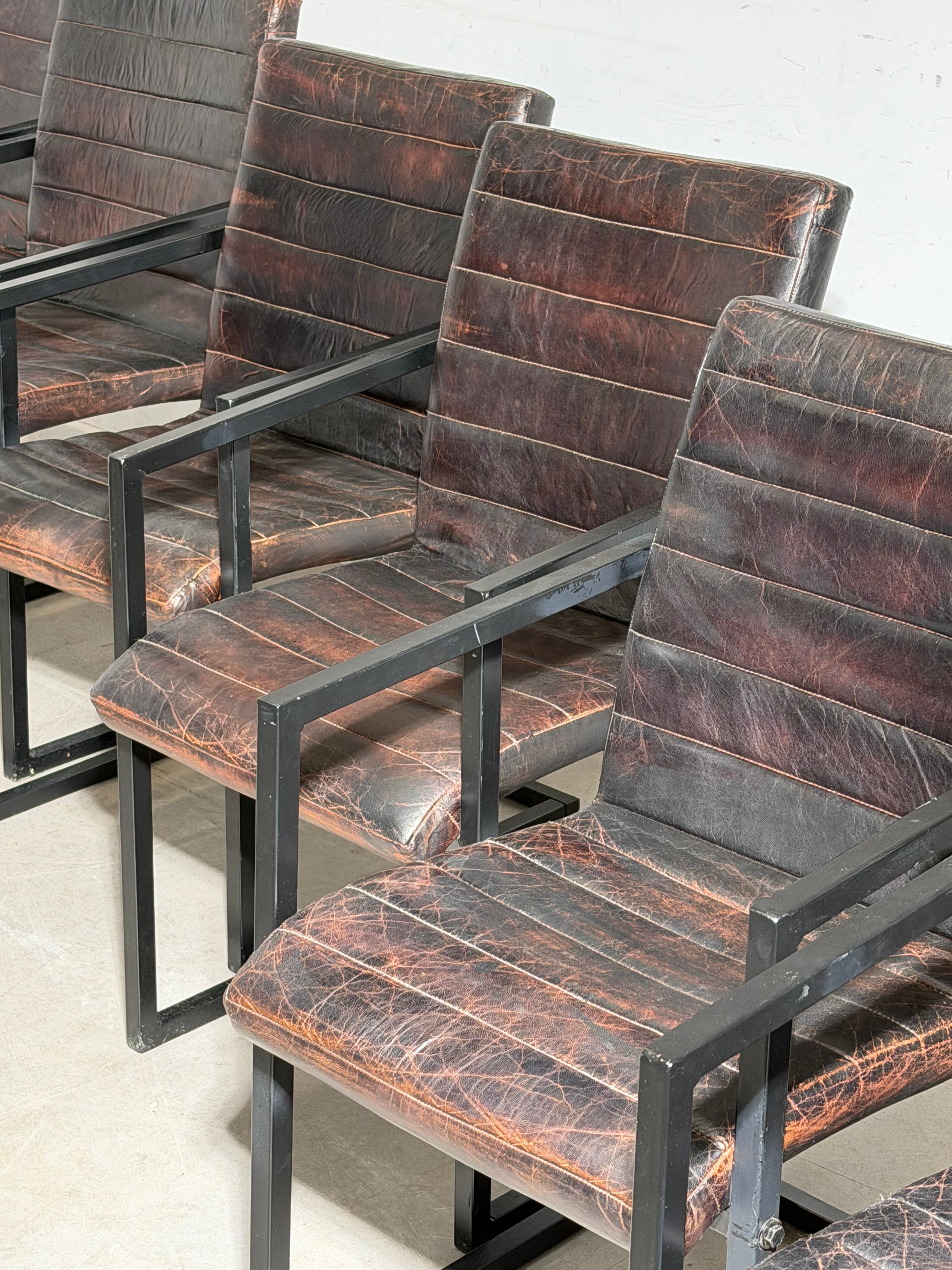 Set of 6 Industrial Dining Chairs Patinated Leather – Black Metal Armchairs
