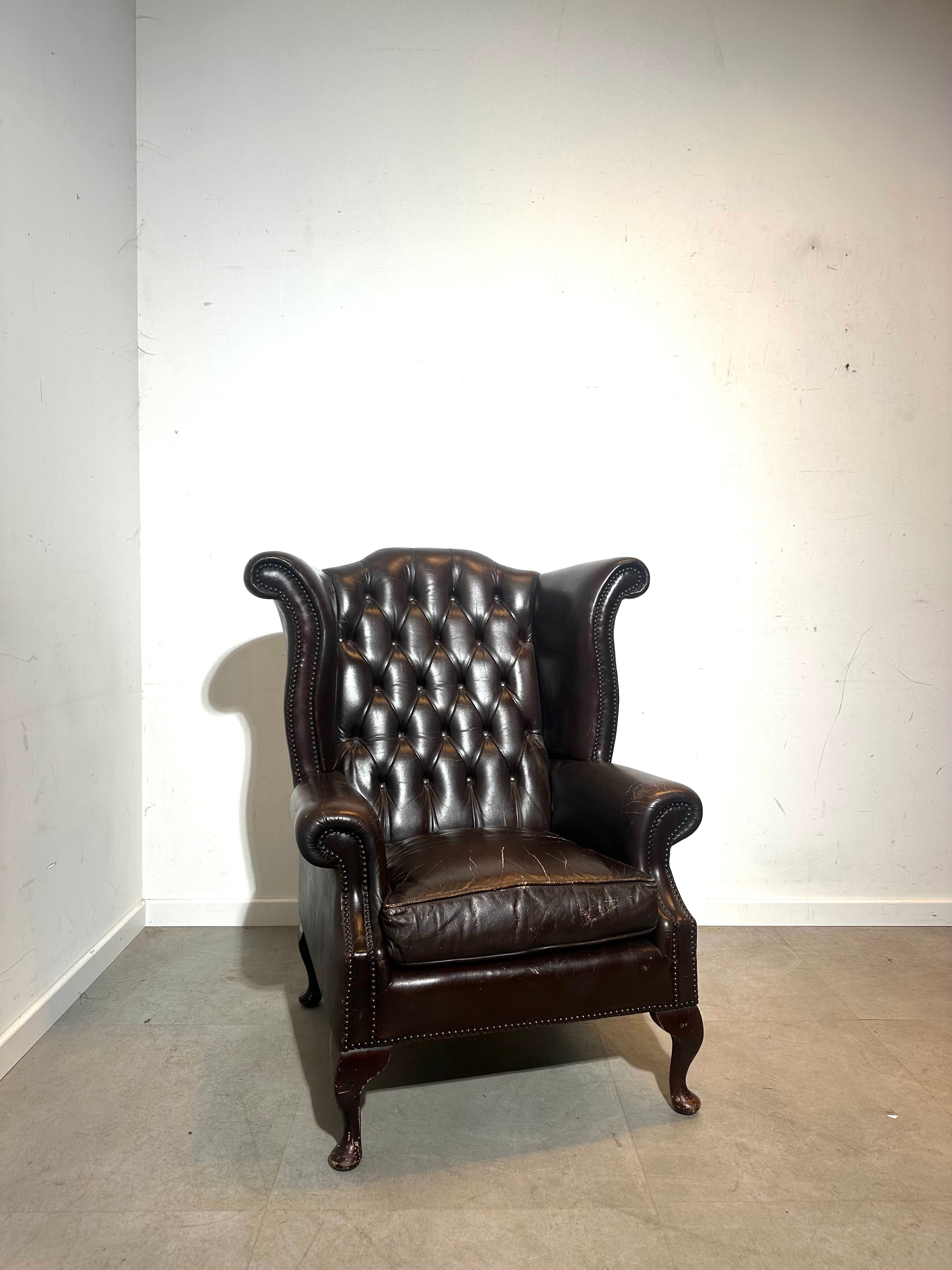 Vintage Brown Leather Wingback Armchair