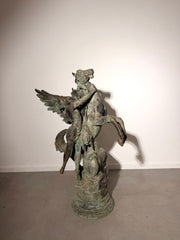 Large Patinated Bronze Pegasus & Winged Figure Sculpture