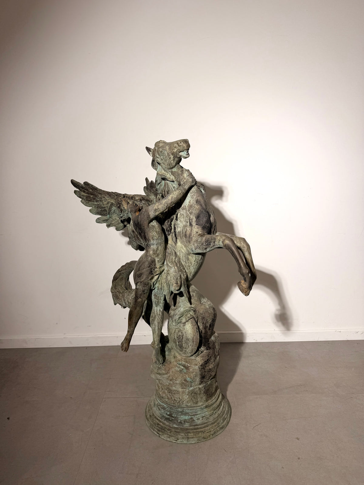 Large Patinated Bronze Pegasus & Winged Figure Sculpture