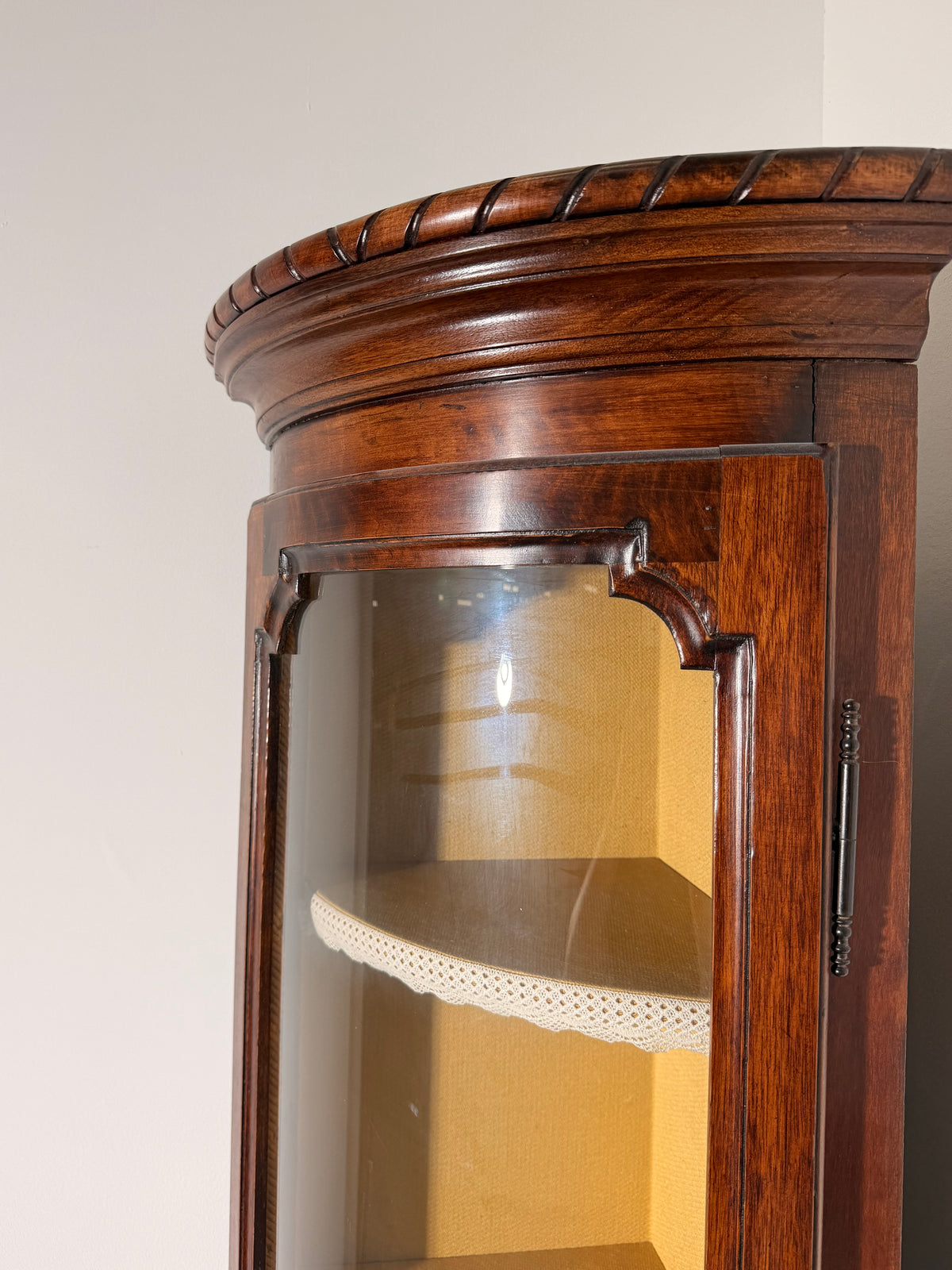 Antique Walnut Corner Display Cabinet with Curved Glass