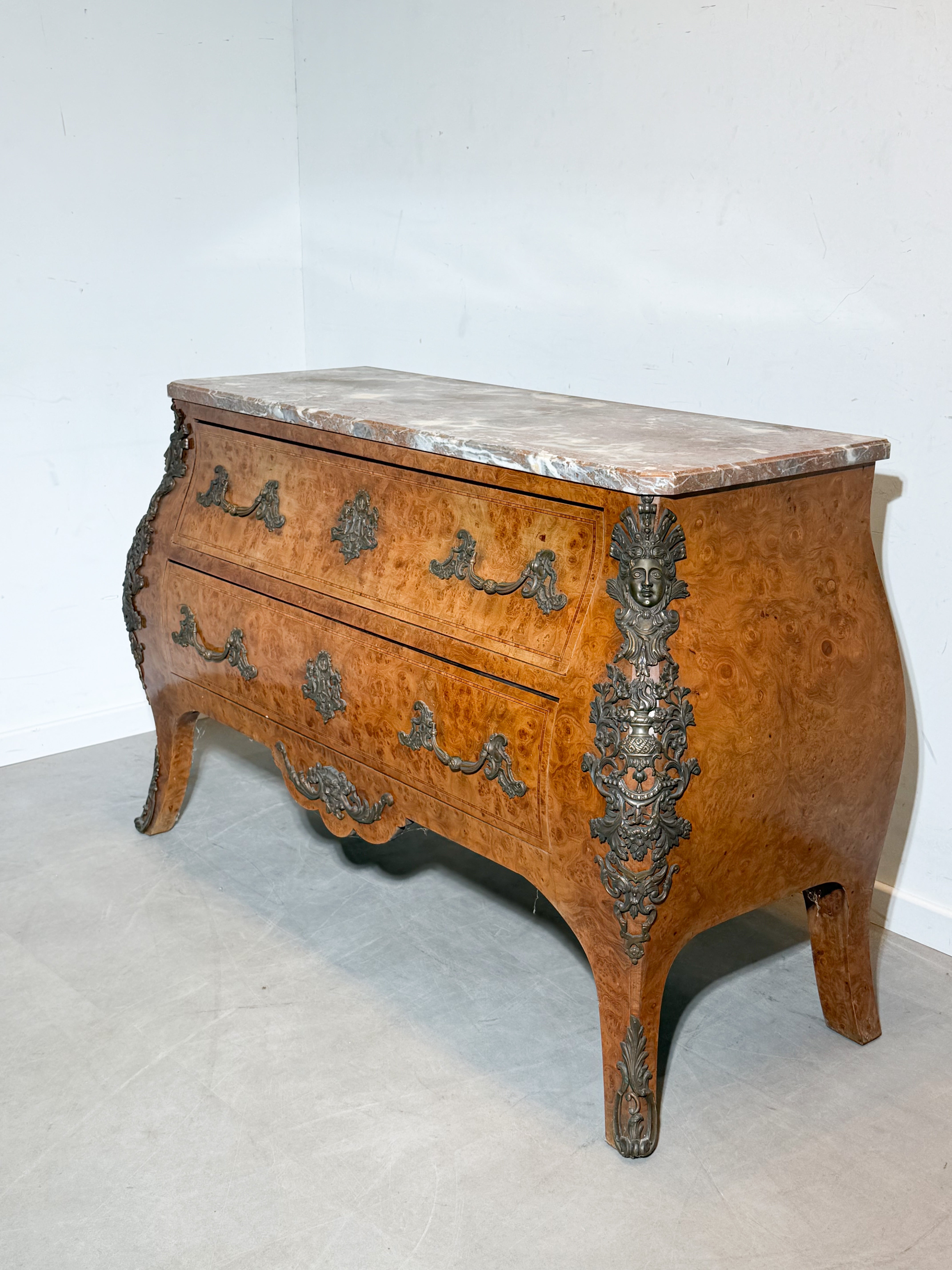 Antique 19th Century Burlwood Chest of Drawers with Marble Top – French
