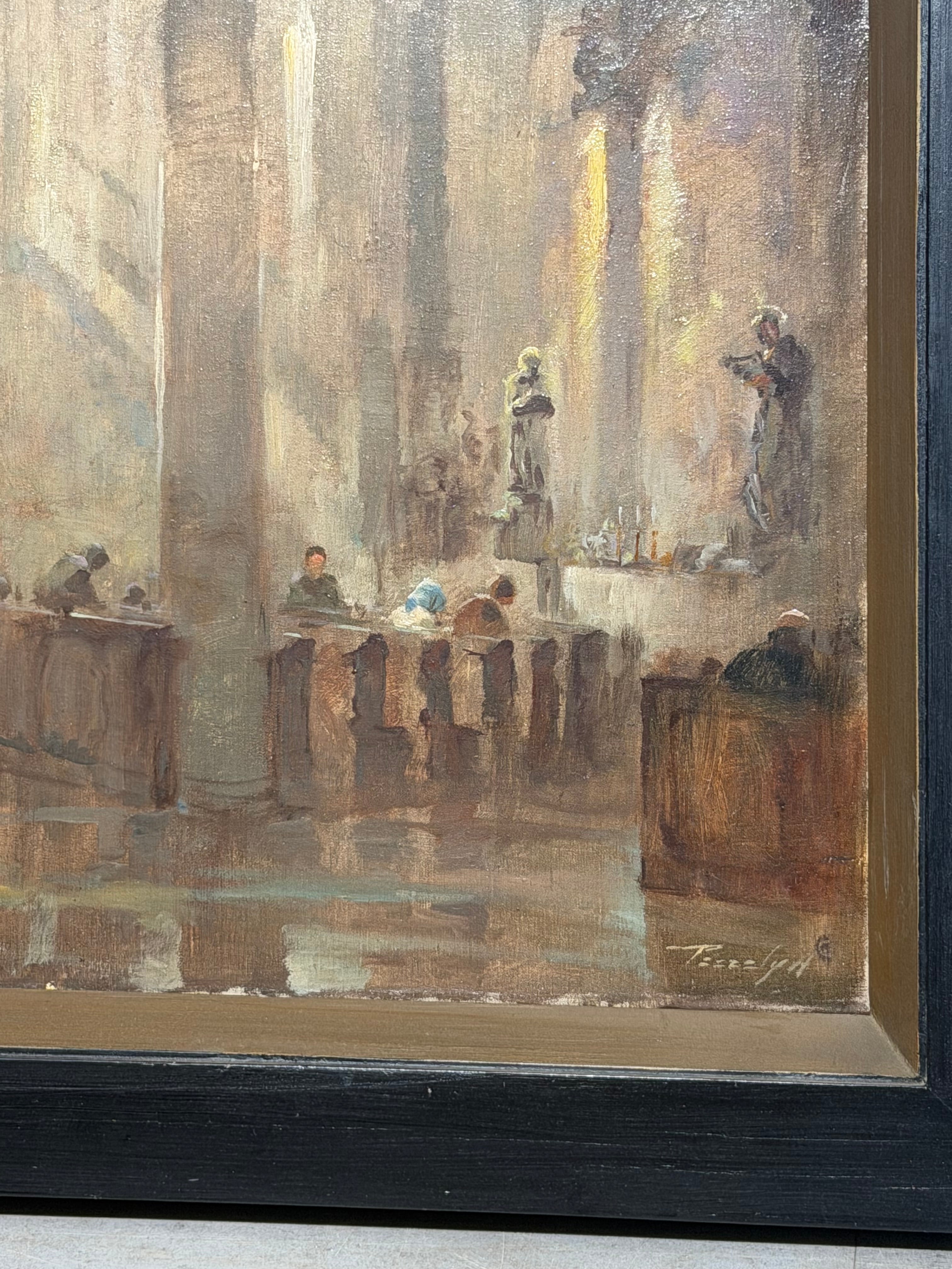 Antique Church Interior - Oil on Canvas - Signed