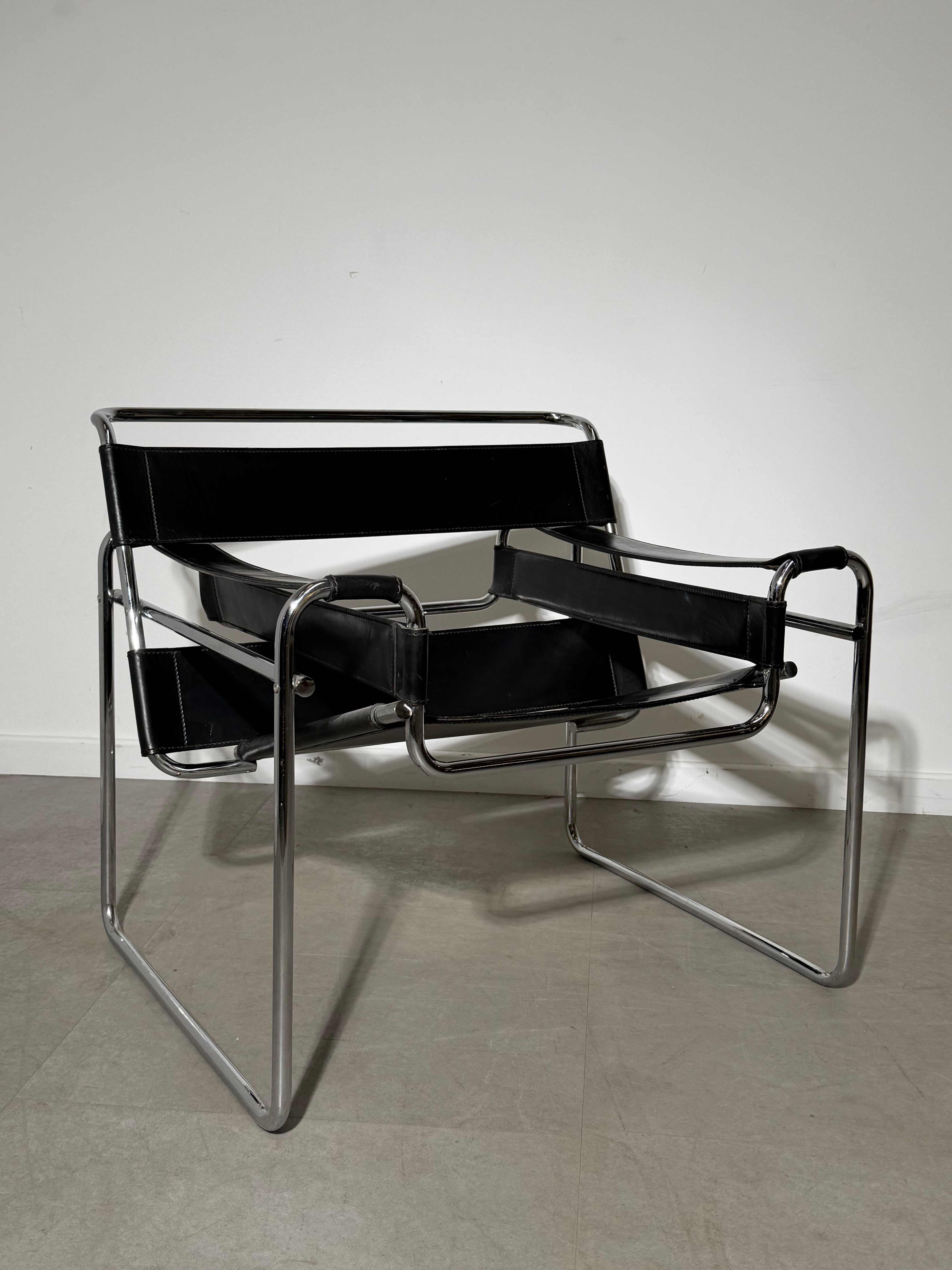 Wassily Style Lounge Chair – Black Leather & Chrome Tubular Frame