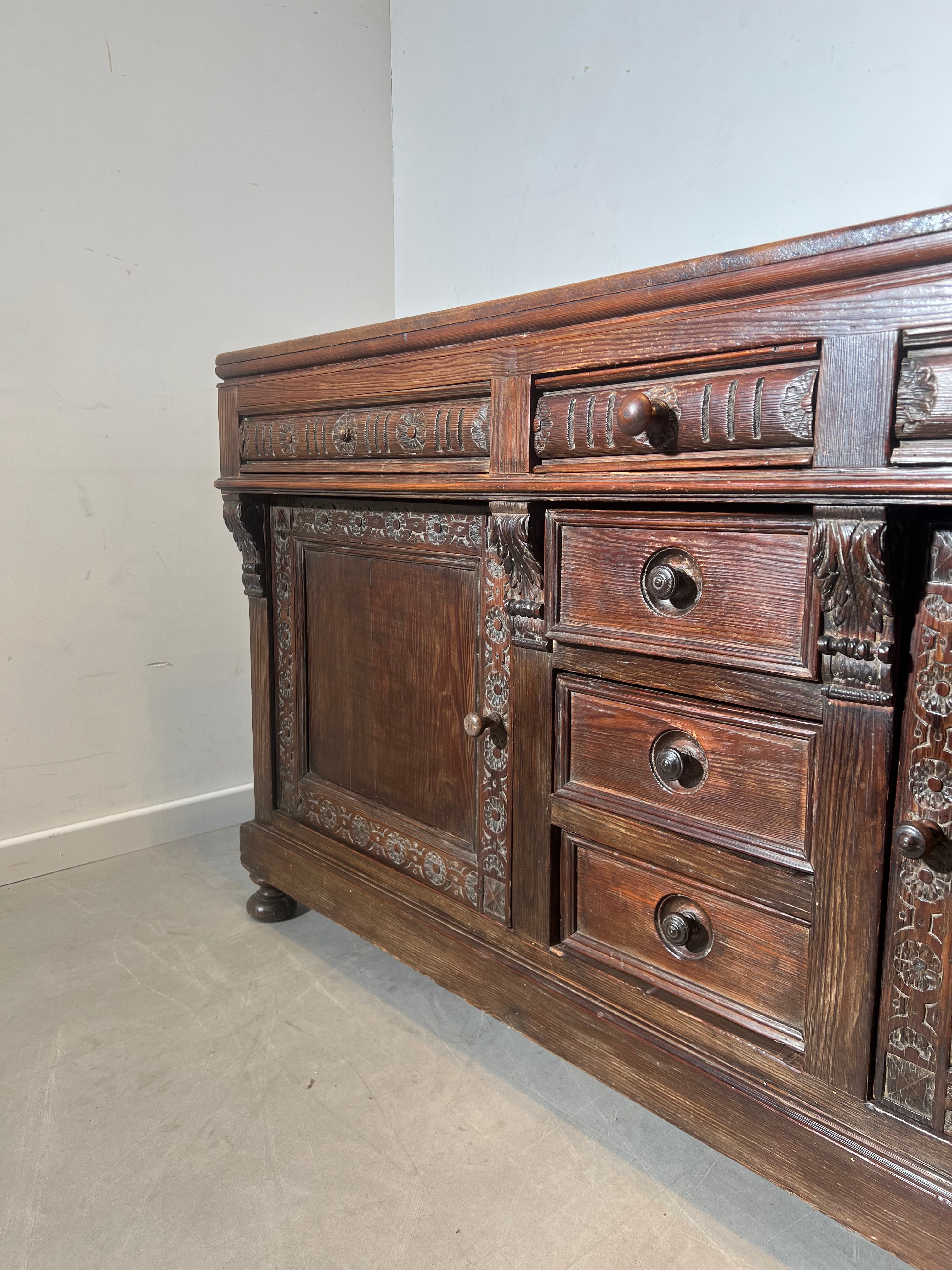 Antique Solid Oak Dressoir– Hand-Carved Details