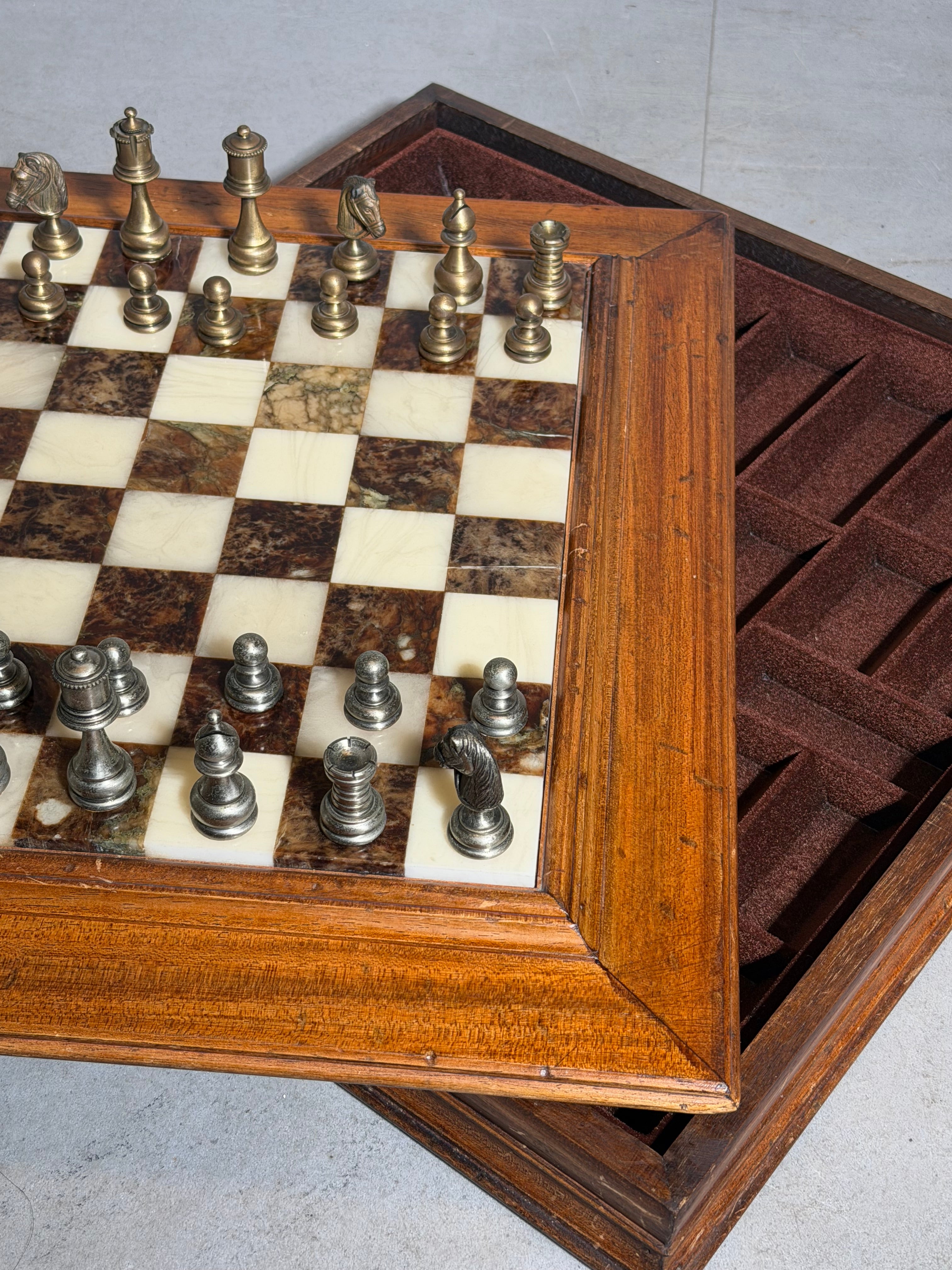 Vintage Marble Chess Set with Metal Pieces & Hidden Storage