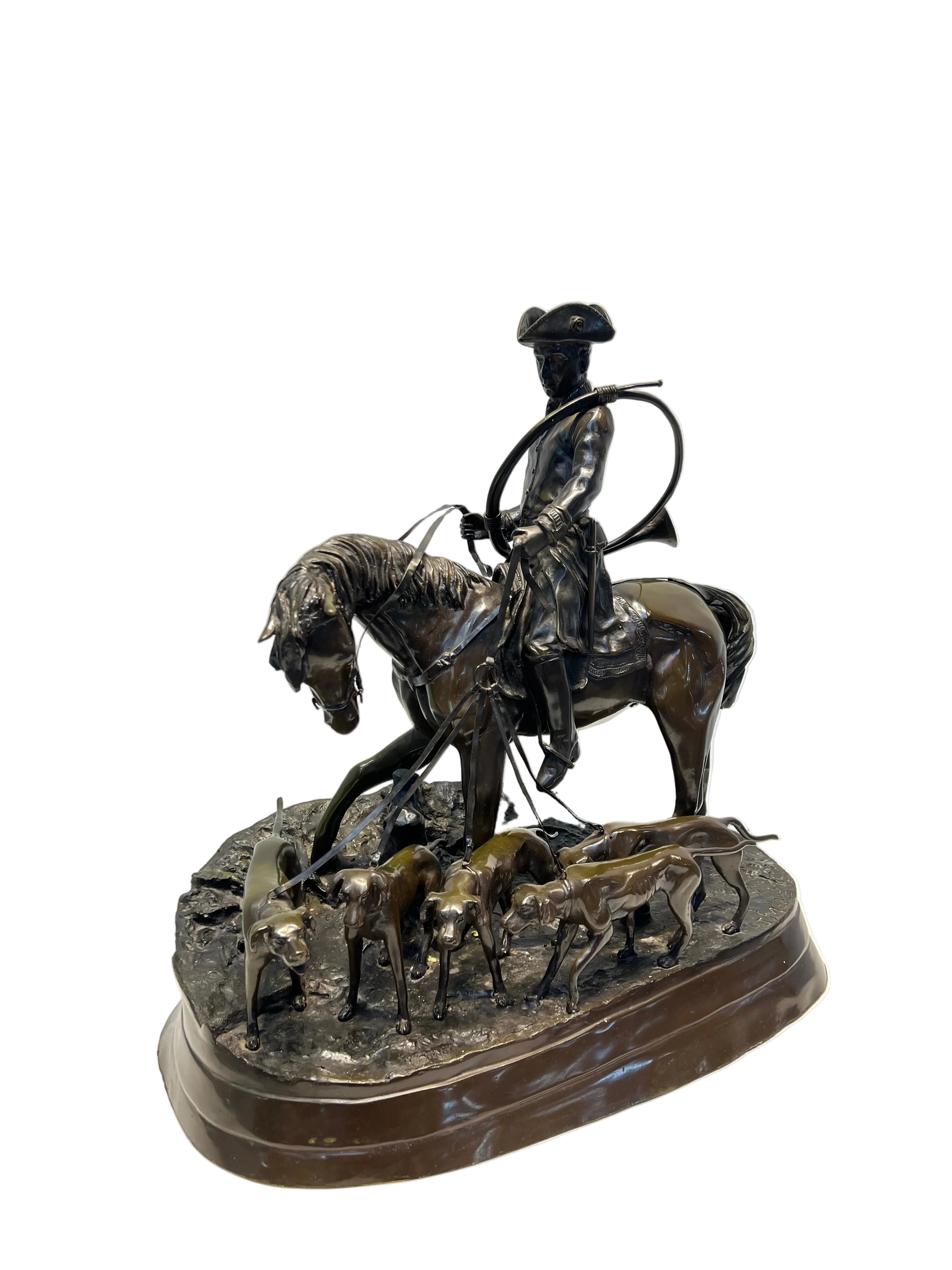 Large Bronze Hunting Scene Sculpture – Rider with Hounds