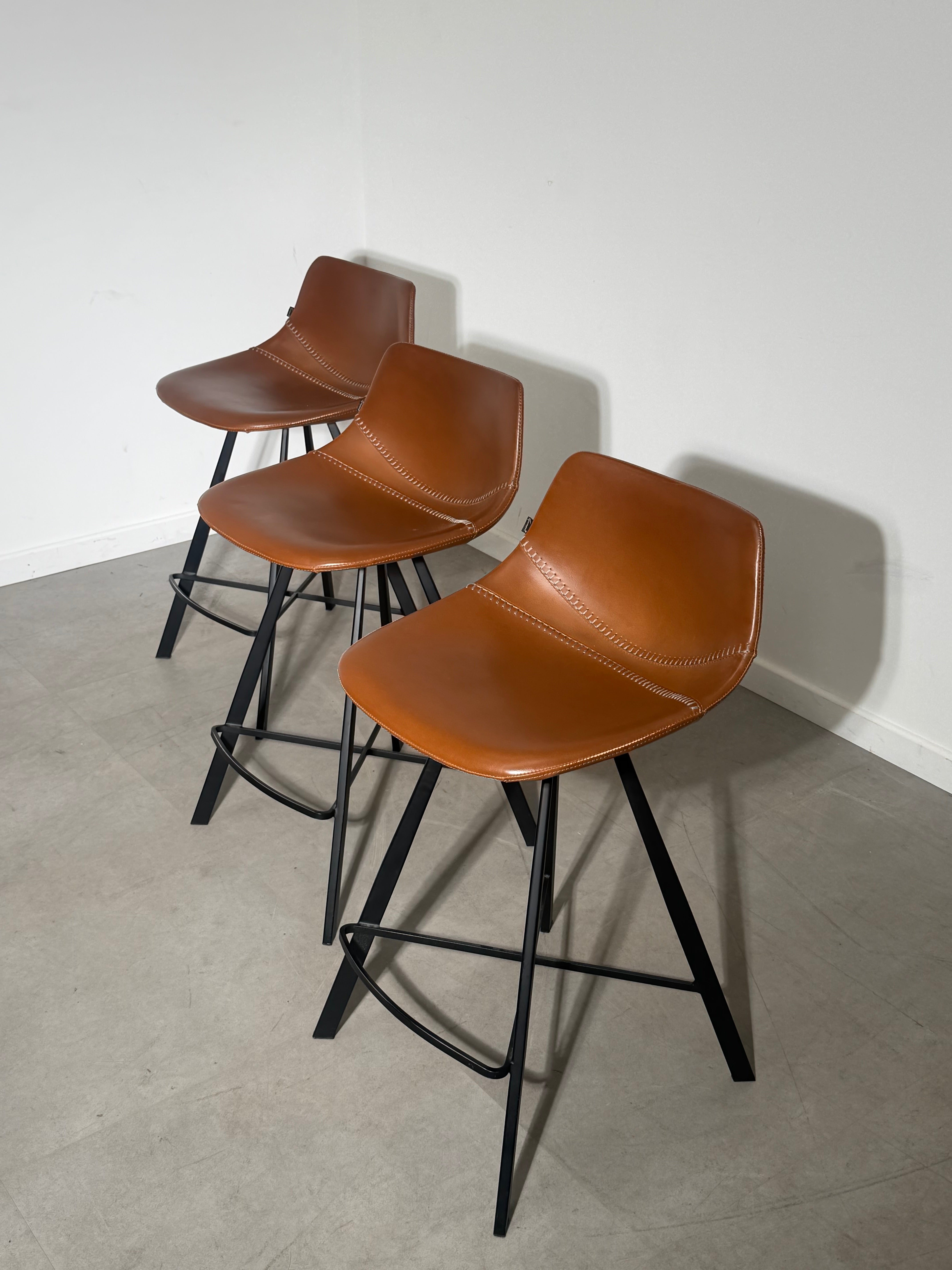 Set of 3 Goossens Wonen & Slapen Cognac Leather Bar Chairs