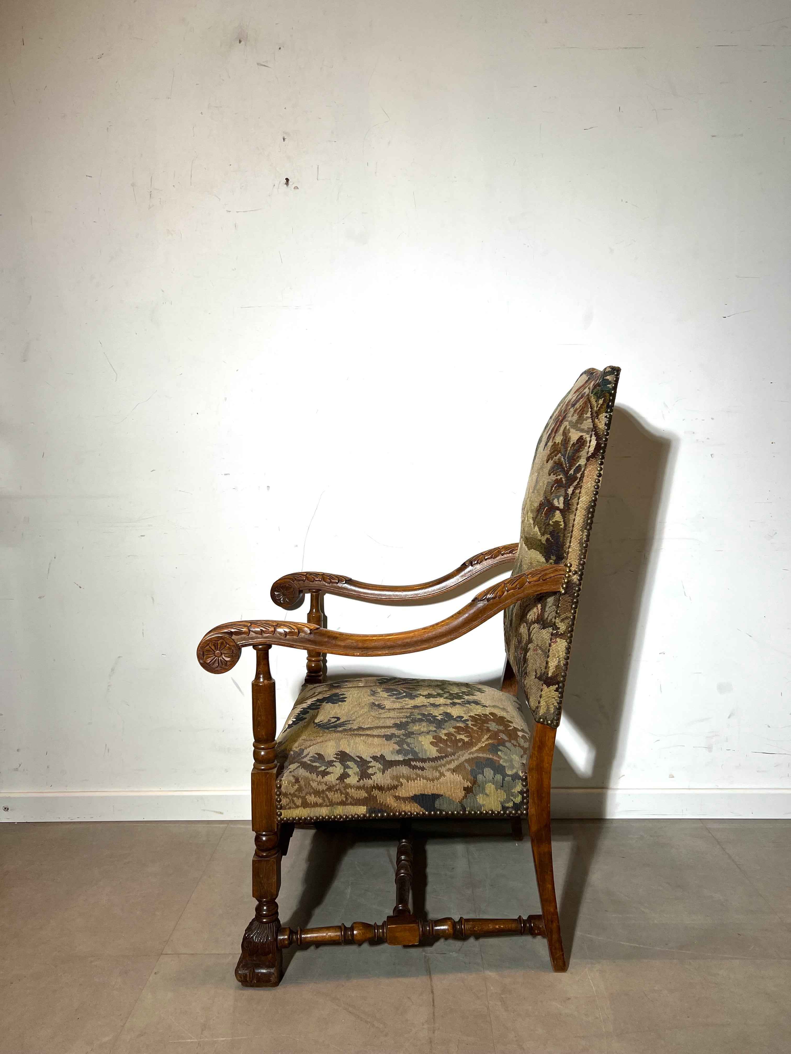 Antique Carved Oak Armchair with Tapestry Upholstery