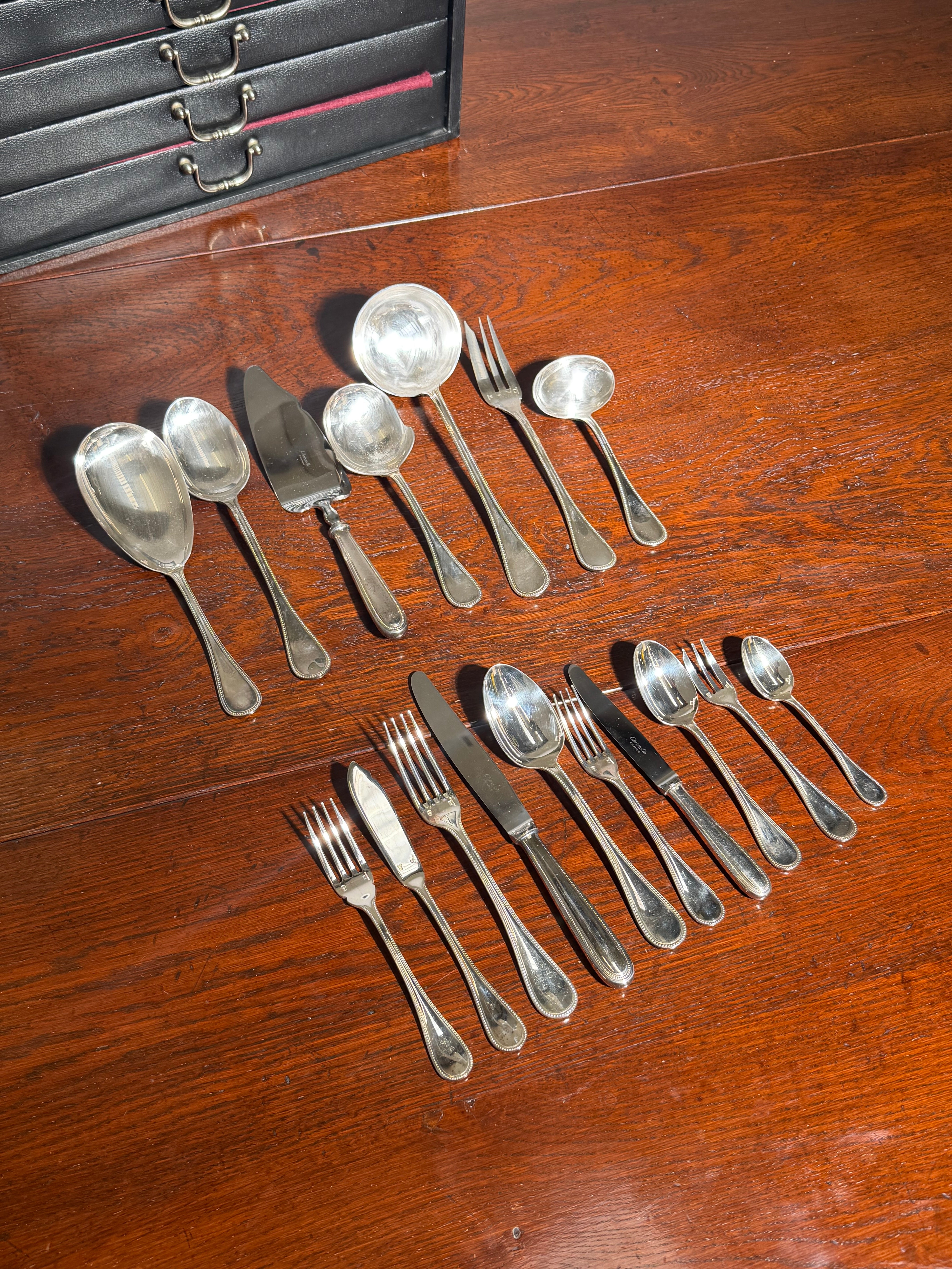 Christofle “Perles” Silver-Plated Cutlery Set with Anti-Oxidation Chest – 127 Pieces / 12 Persons