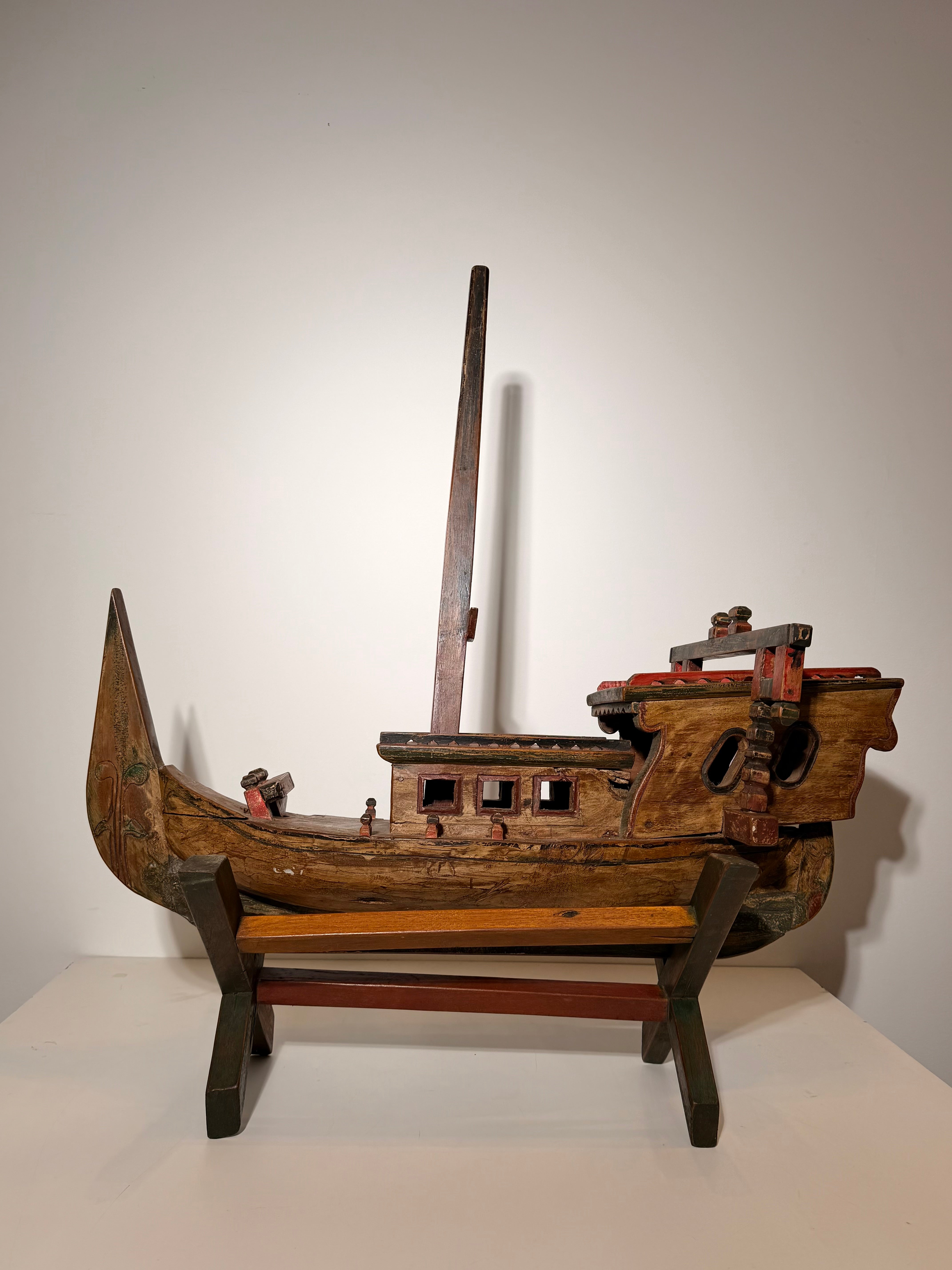 Antique Hand-Carved Wooden Fishing Boat Sculpture on Stand