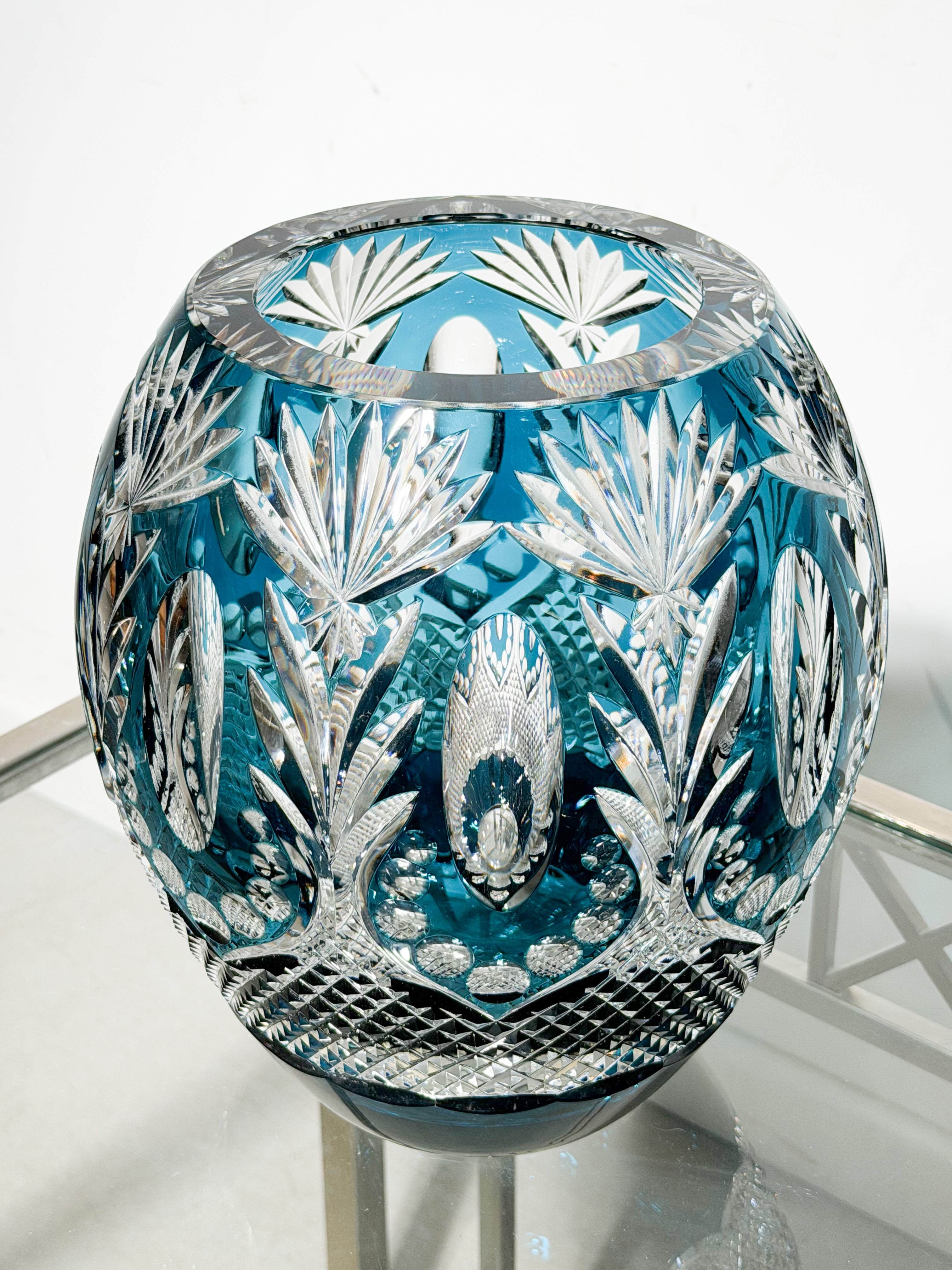 Val Saint Lambert Crystal Vase “8/120” – Signed Xavier Crespo – Blue Cut Crystal – 28 cm