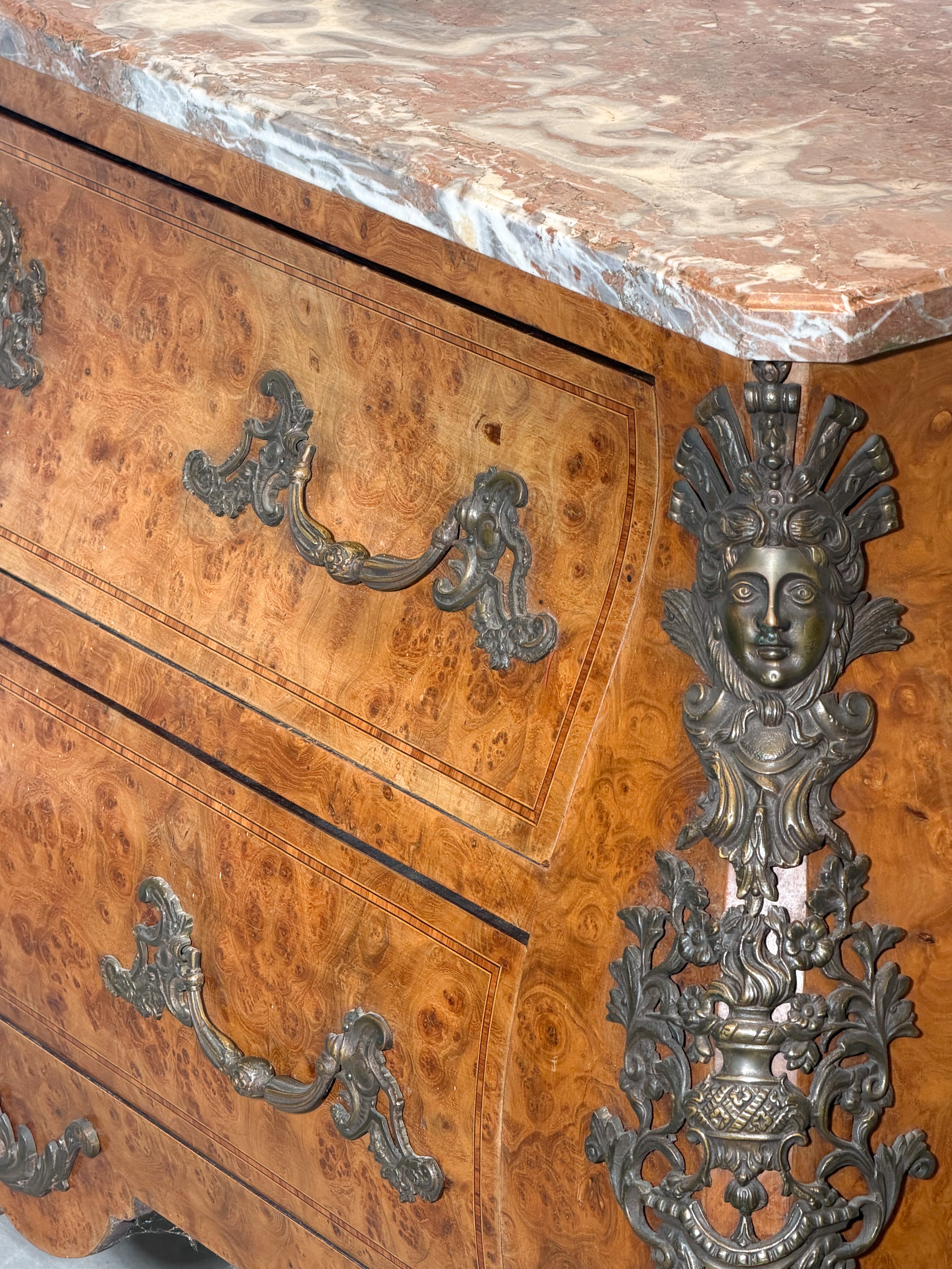 Antique 19th Century Burlwood Chest of Drawers with Marble Top – French
