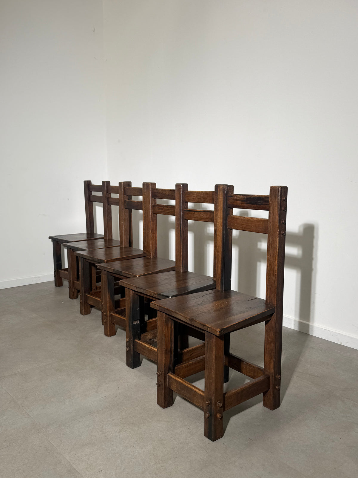 Set of Six Brutalist Solid Wood Dining Chairs