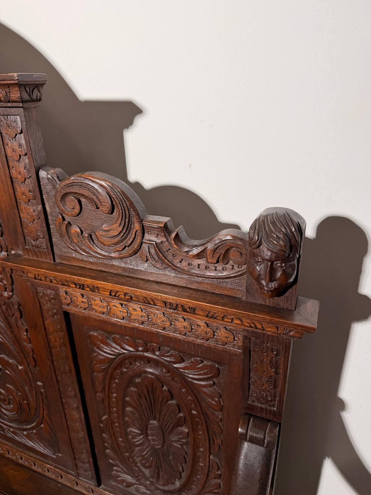 Antique Carved Oak Hall Bench with Storage
