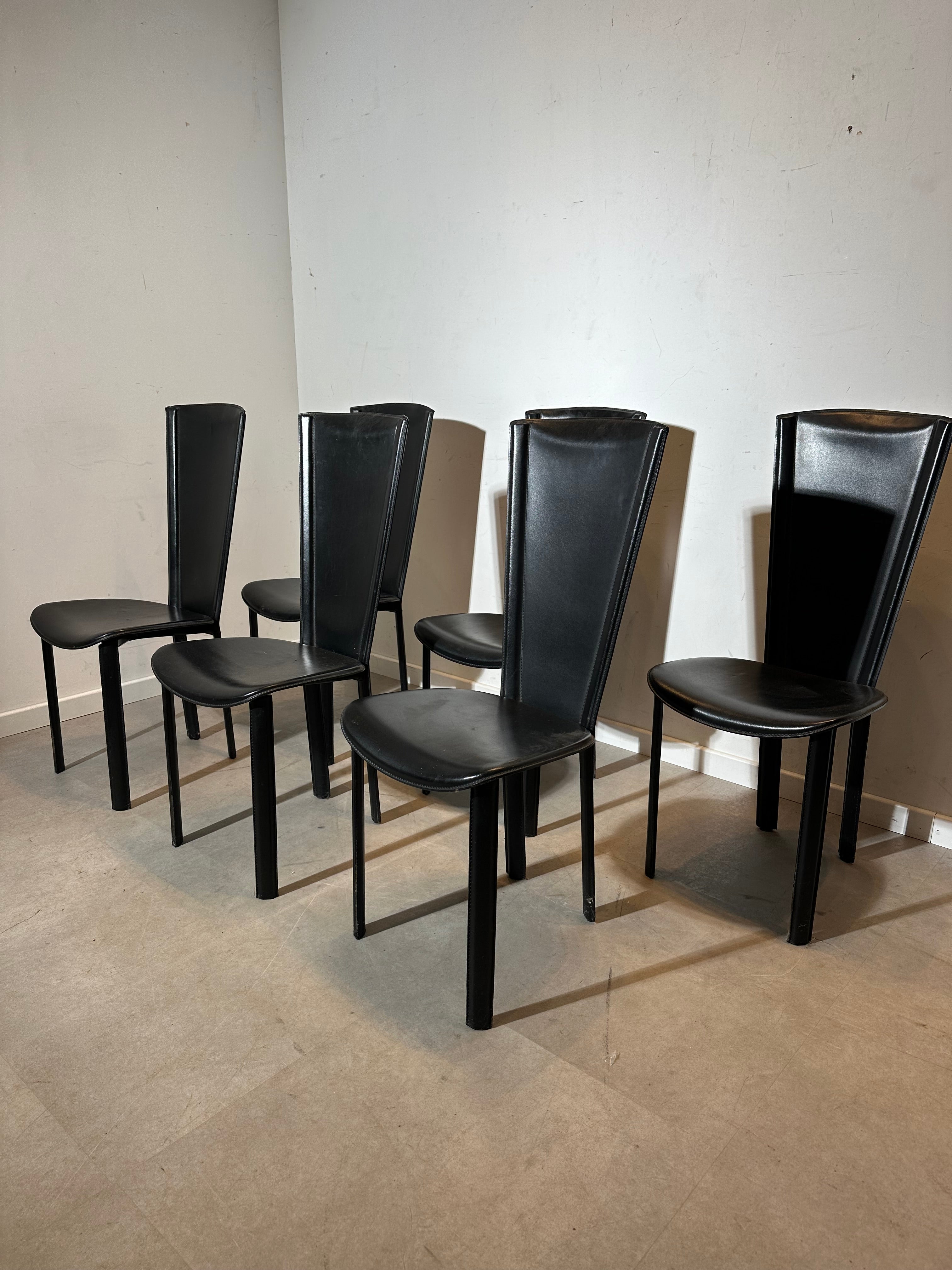 Set of Six Black Leather Dining Chairs