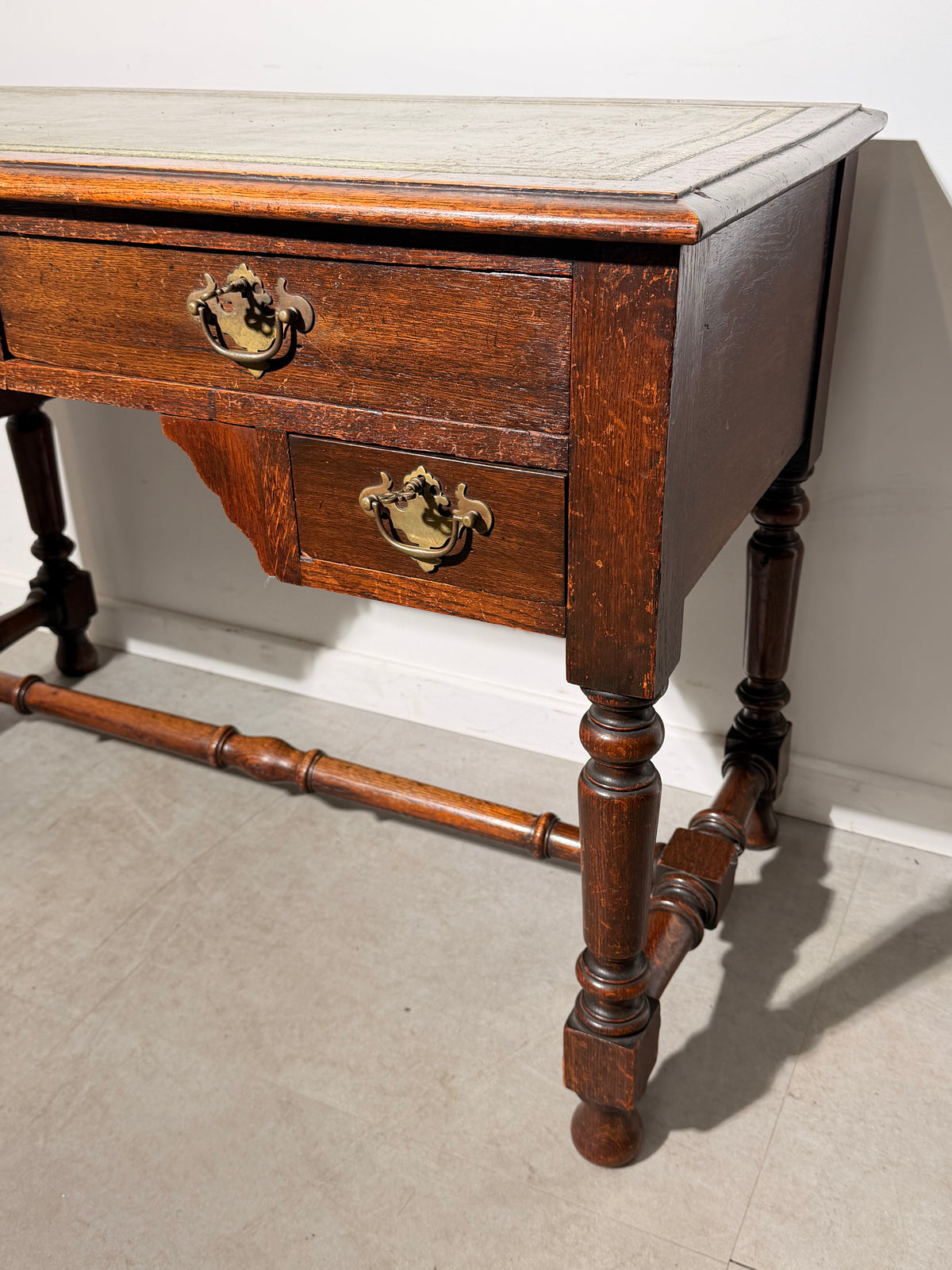 Antique Oak Writing Desk with Green Leather Top and Four Drawers