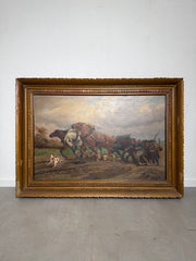 Jef Van Leemputten (Anvers, 1865–1948) – Grande huile sur toile « Chevaux de ferme au travail »