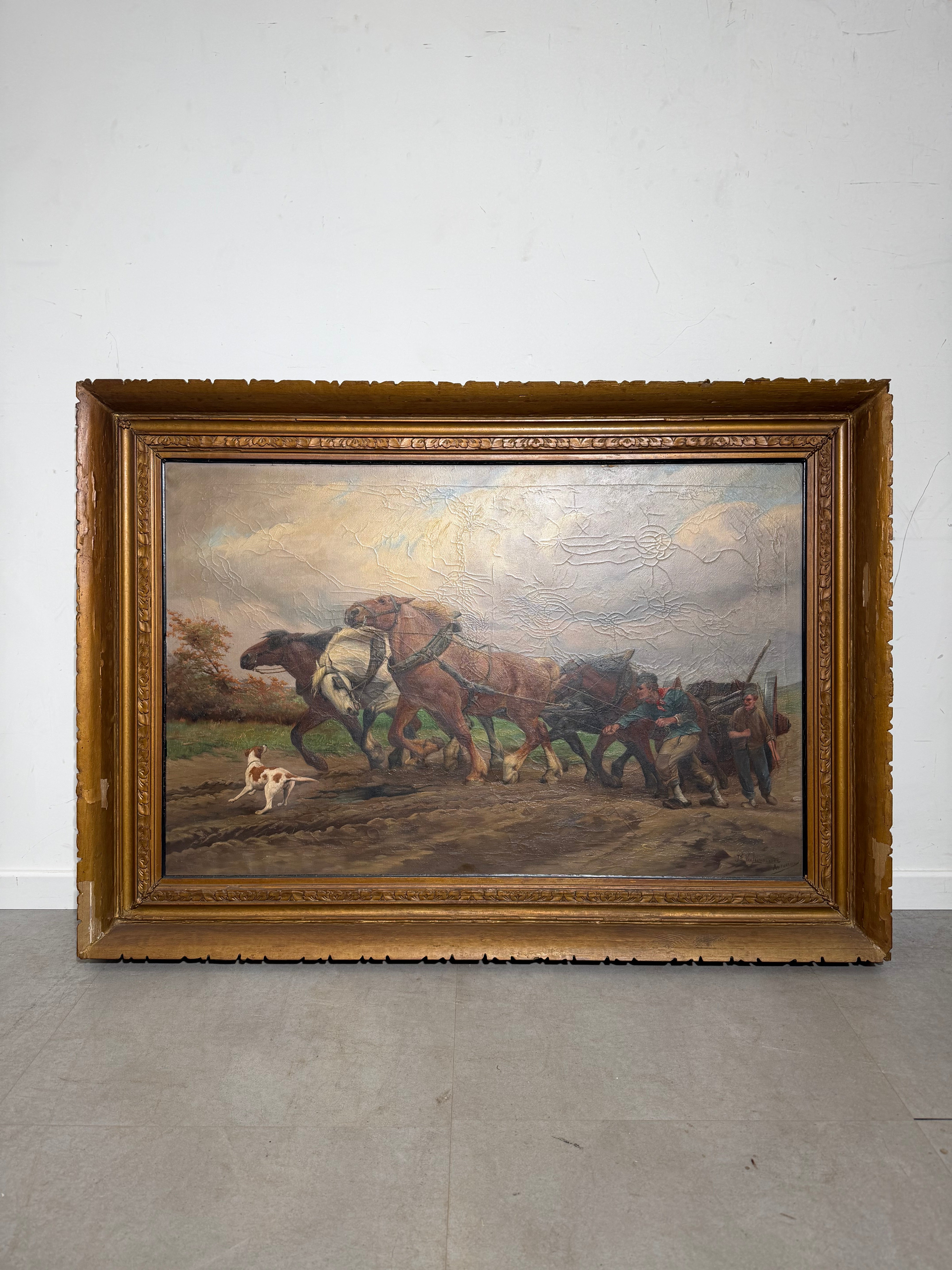 Jef Van Leemputten (Antwerp, 1865–1948) – Large Oil on Canvas “Farm Horses at Work”