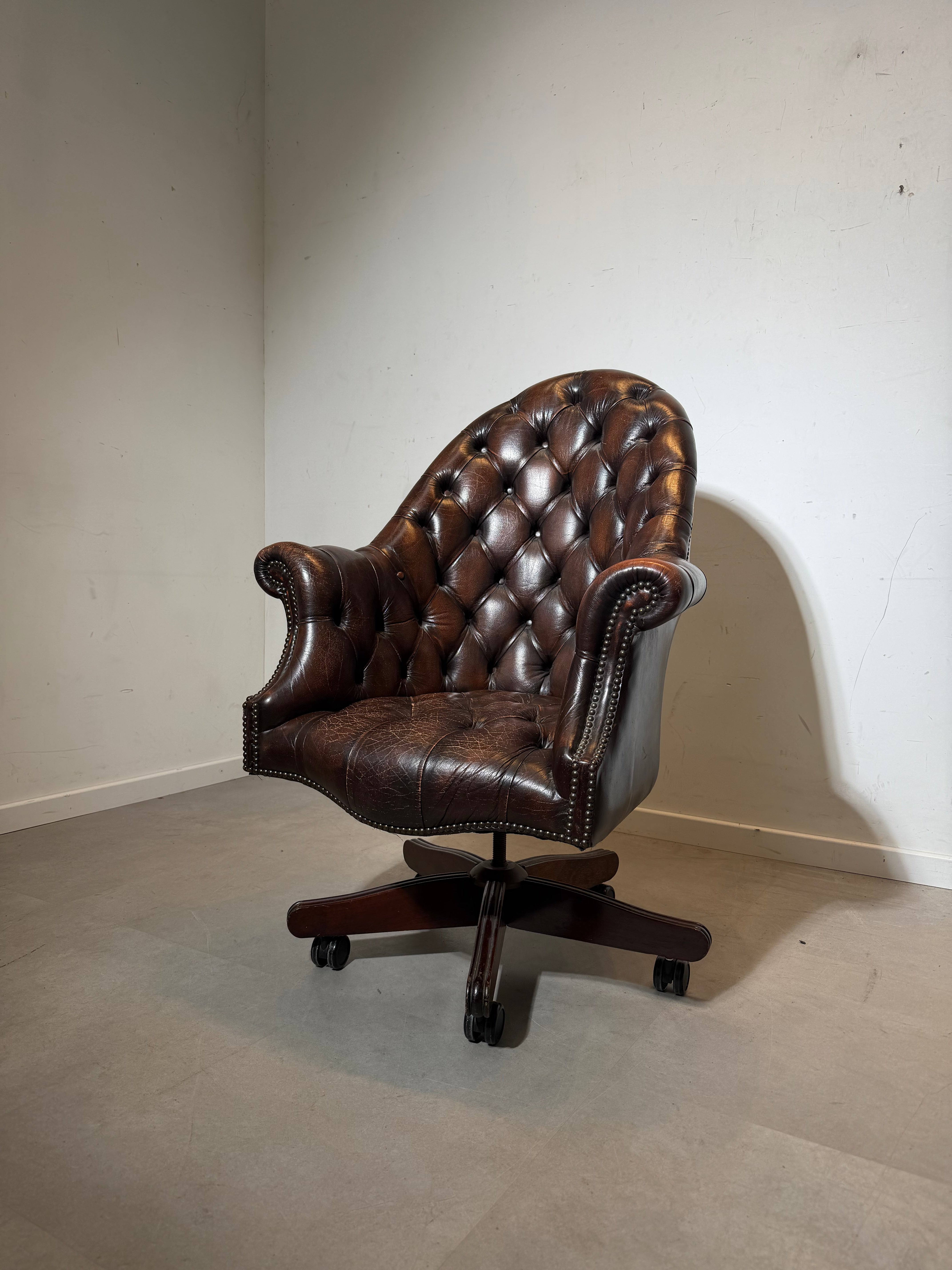 Chesterfield Directors Desk Chair in Brown Leather – Adjustable Height