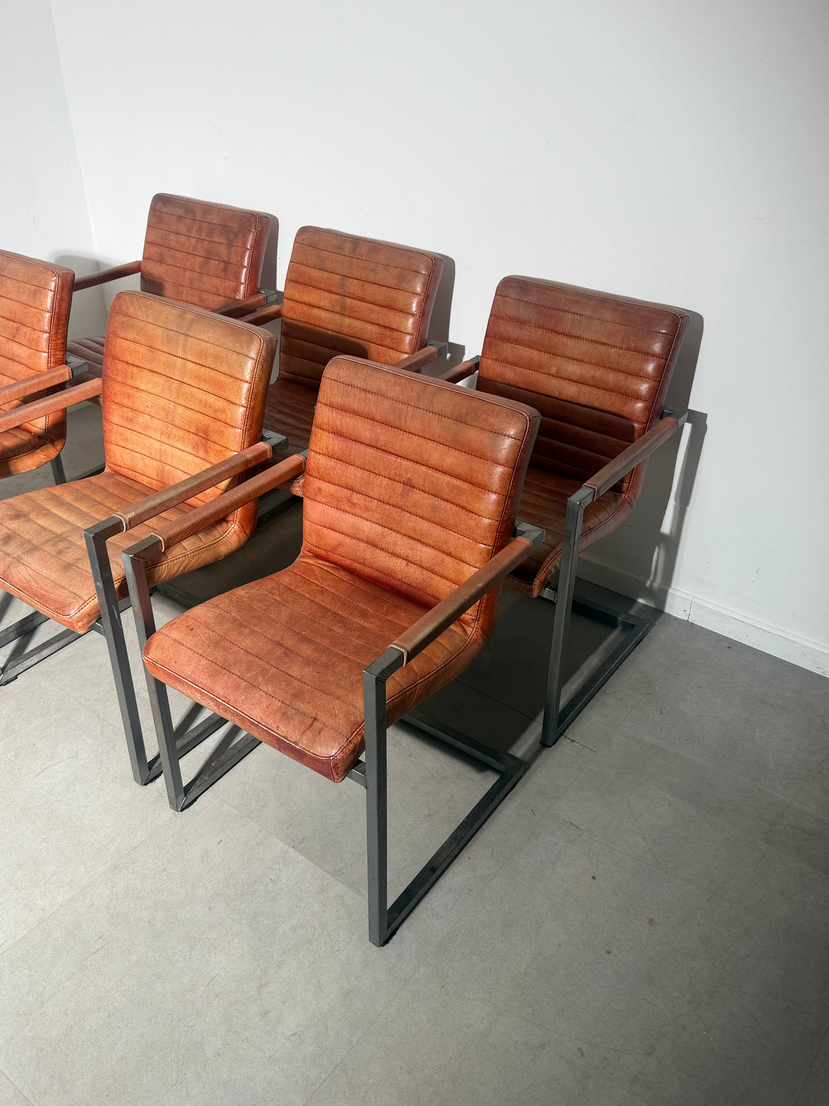 Set of Six Cognac Leather Dining Armchairs