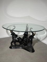 Vintage Bronze Elephant Trio Coffee Table with Round Beveled Glass Top – Regency Style – 130 cm