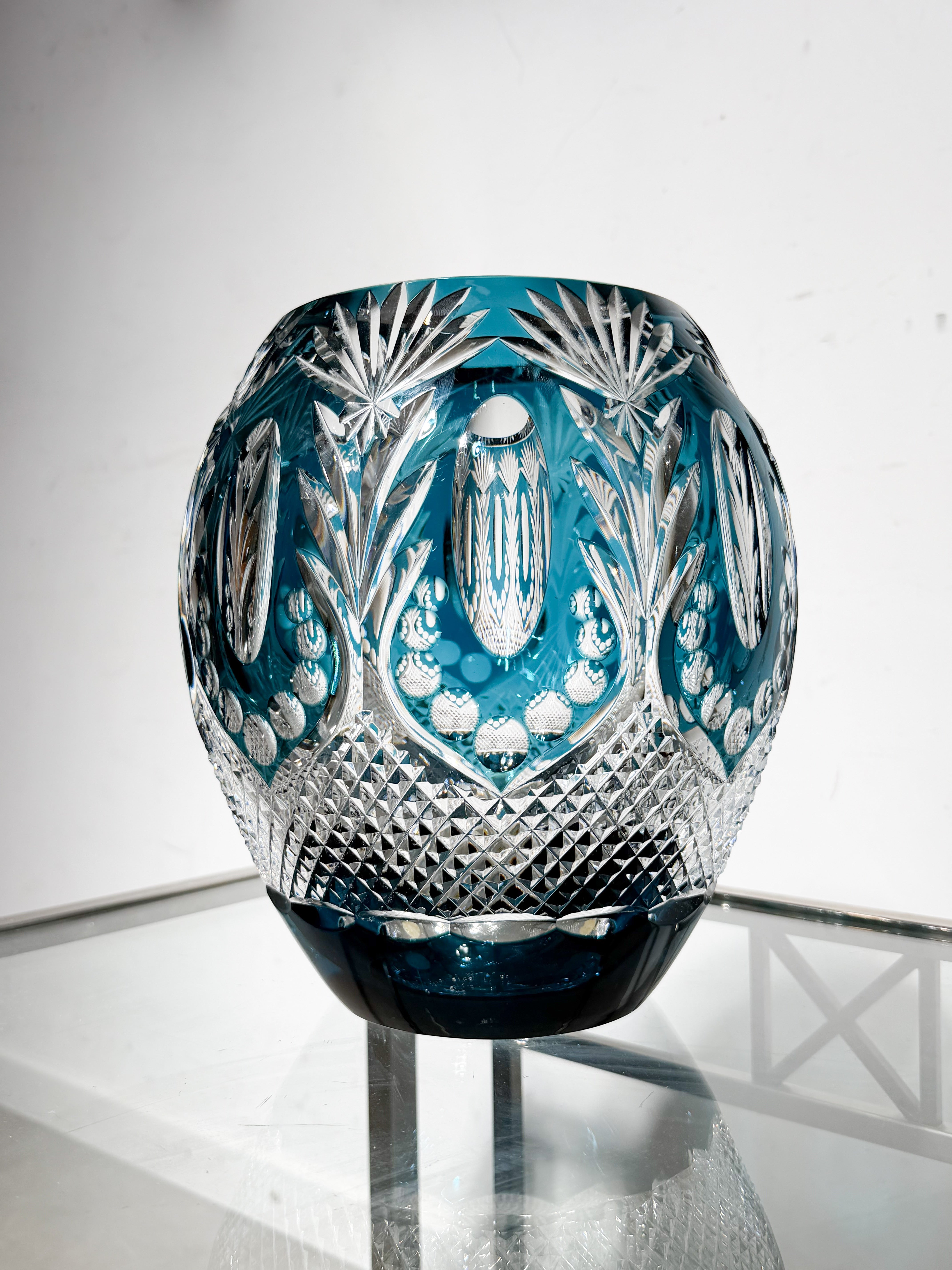 Val Saint Lambert Crystal Vase “8/120” – Signed Xavier Crespo – Blue Cut Crystal – 28 cm