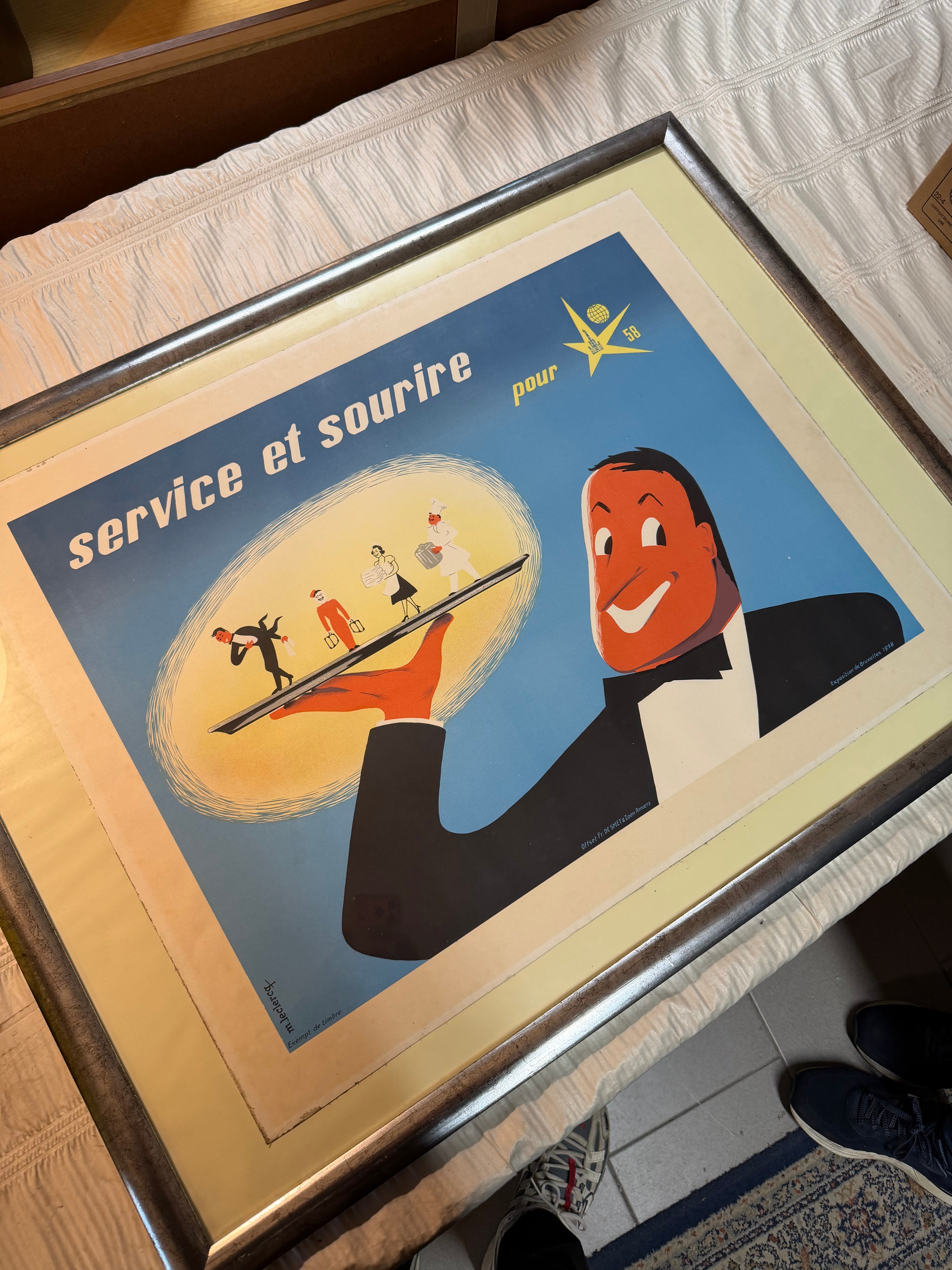 Affiche originale de l'Expo 58 « Service et Sourire » de M. Leclercq (1958)
