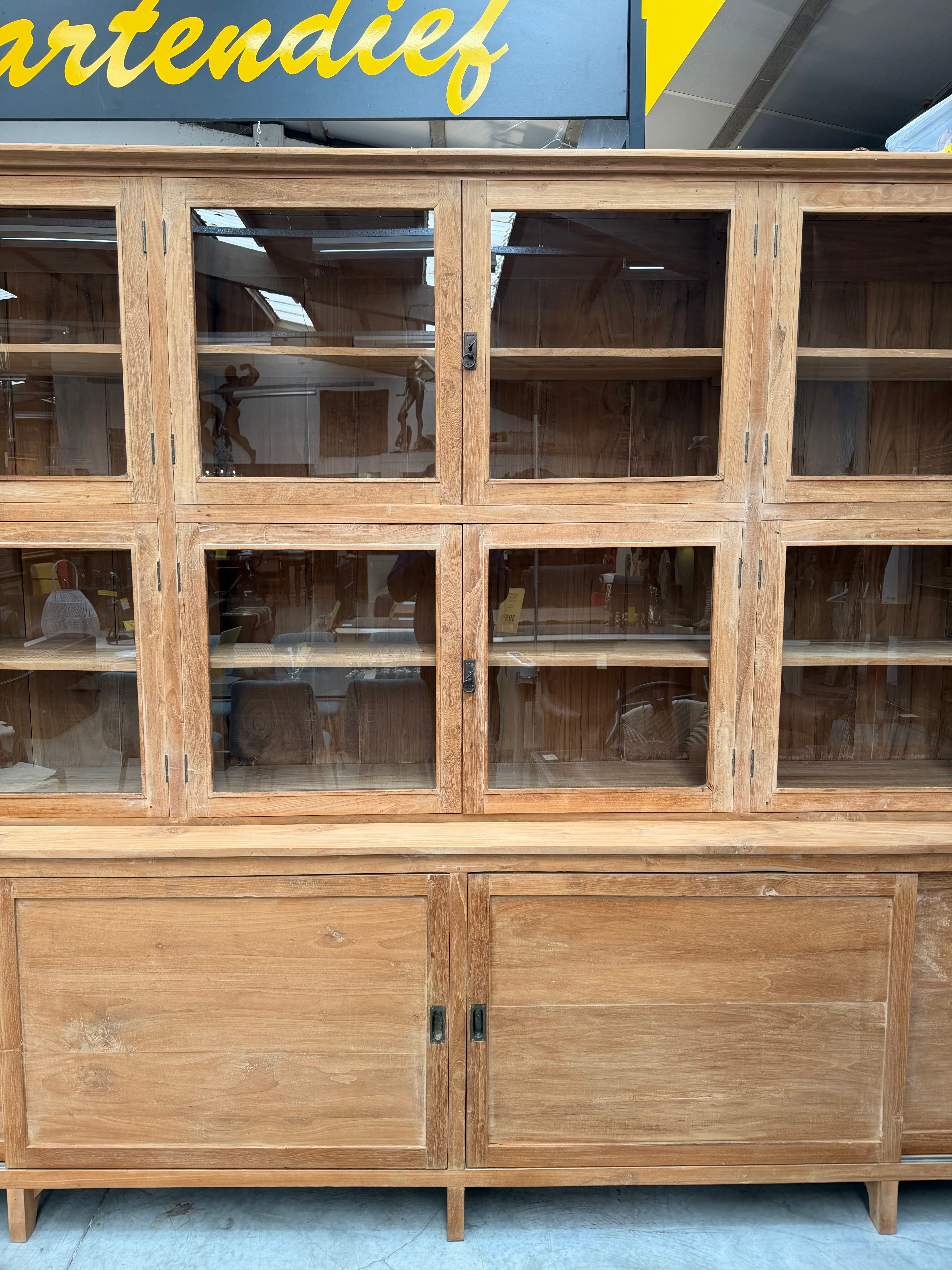 XL Massive Teakwood Display Cabinet – 405 cm – Two-Piece Library Cabinet – Glass Doors
