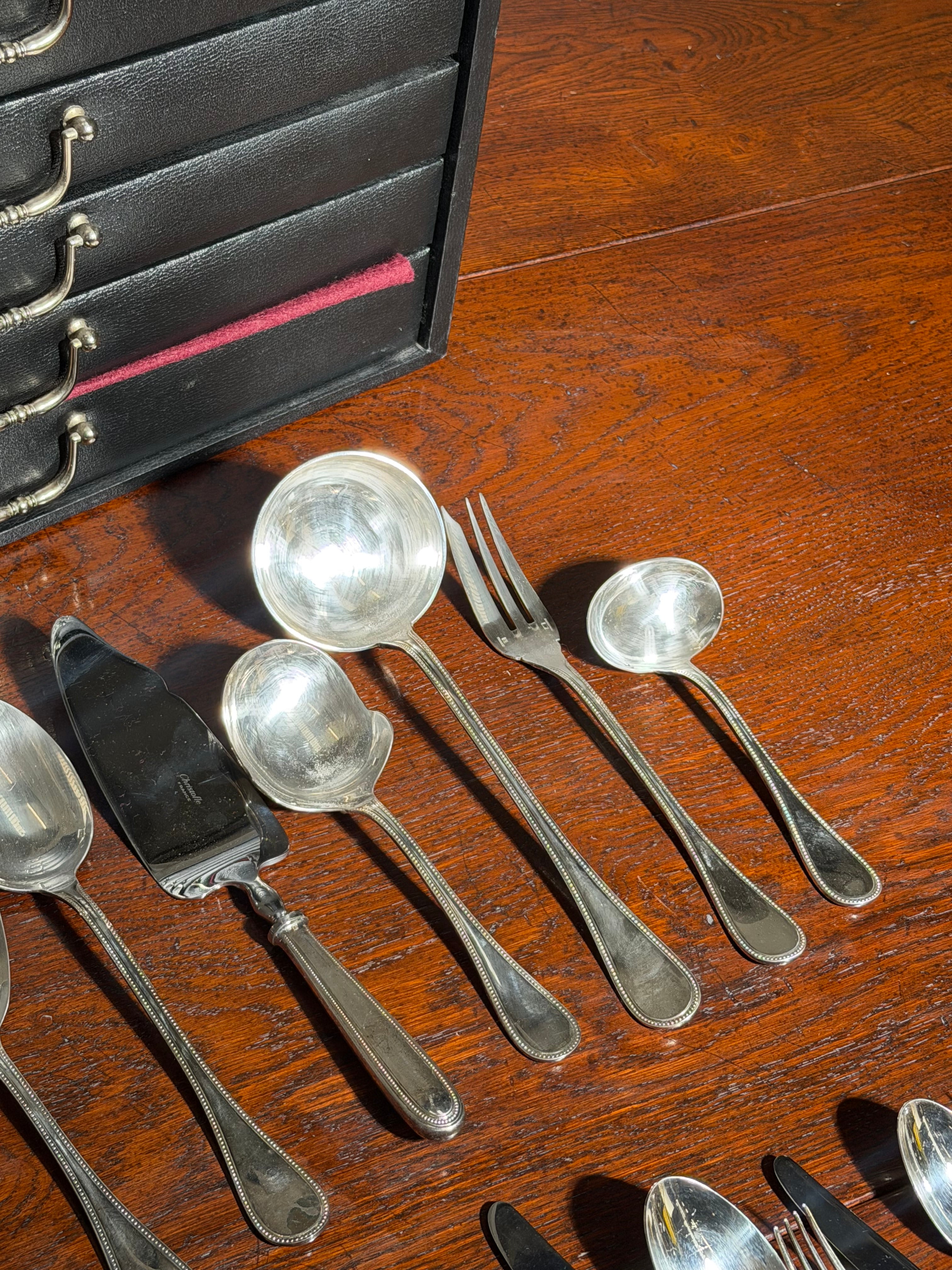 Christofle “Perles” Silver-Plated Cutlery Set with Anti-Oxidation Chest – 127 Pieces / 12 Persons