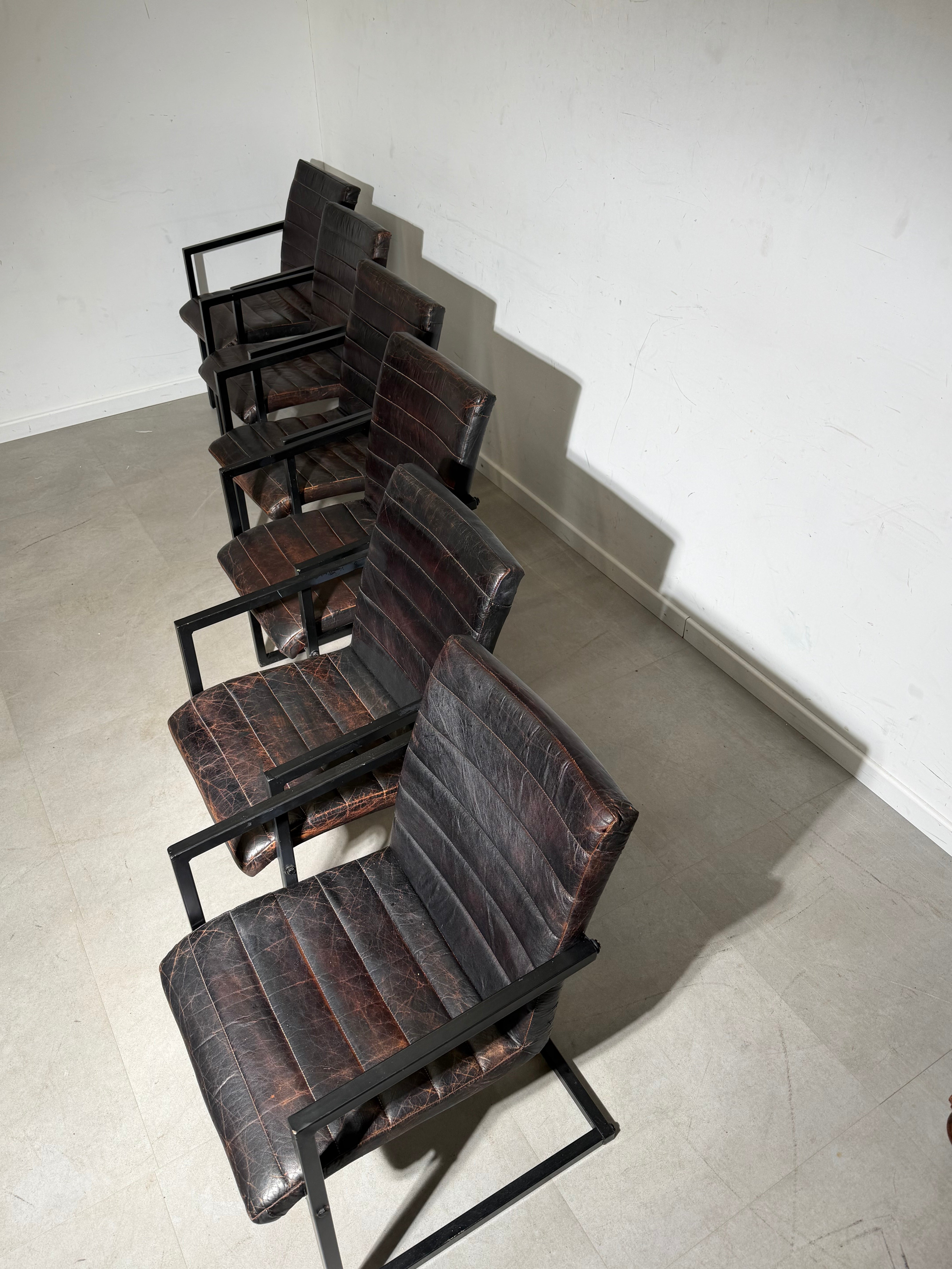 Set of 6 Industrial Dining Chairs Patinated Leather – Black Metal Armchairs