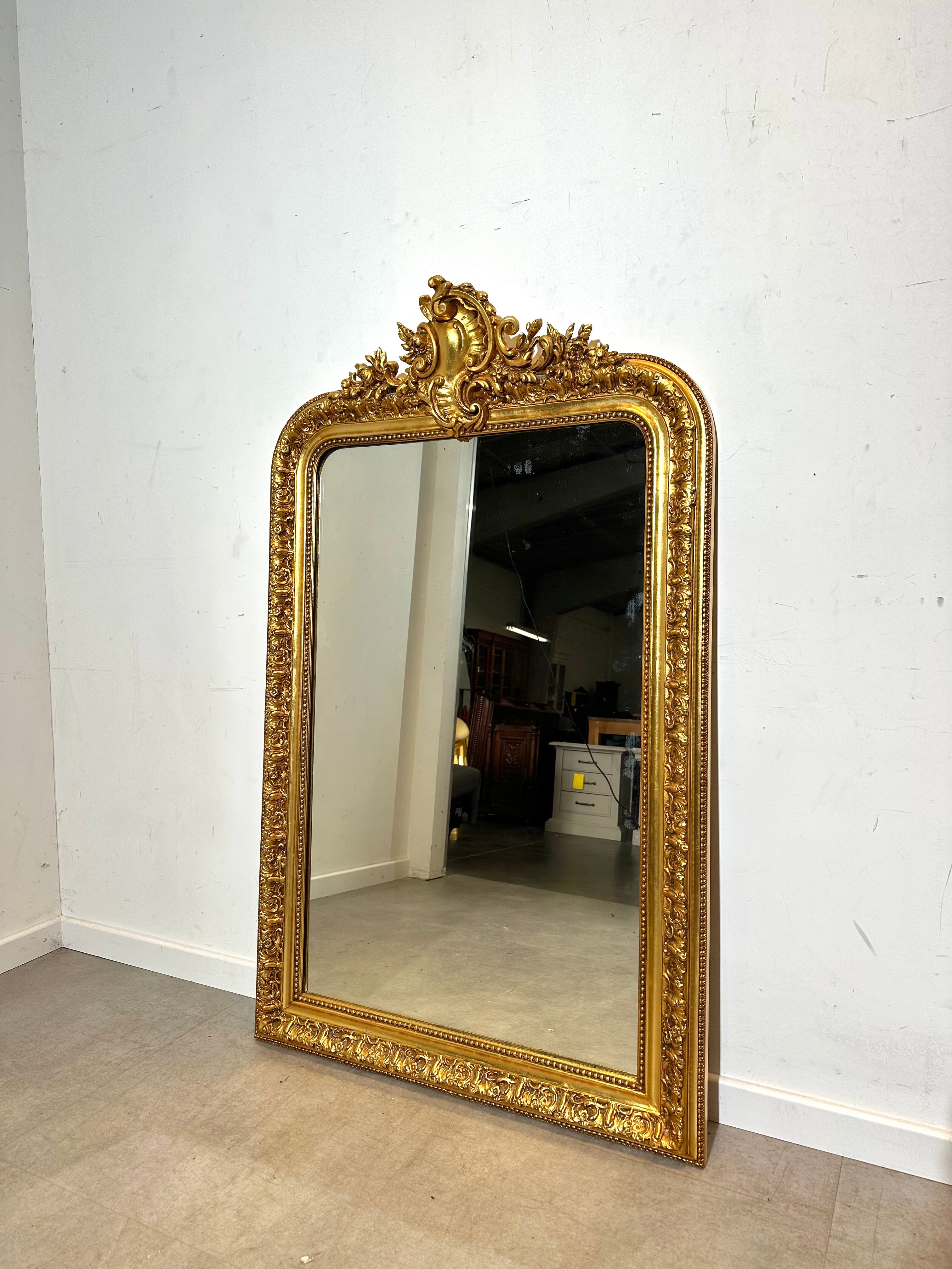Antique French Gilded Mirror with Ornate Crest