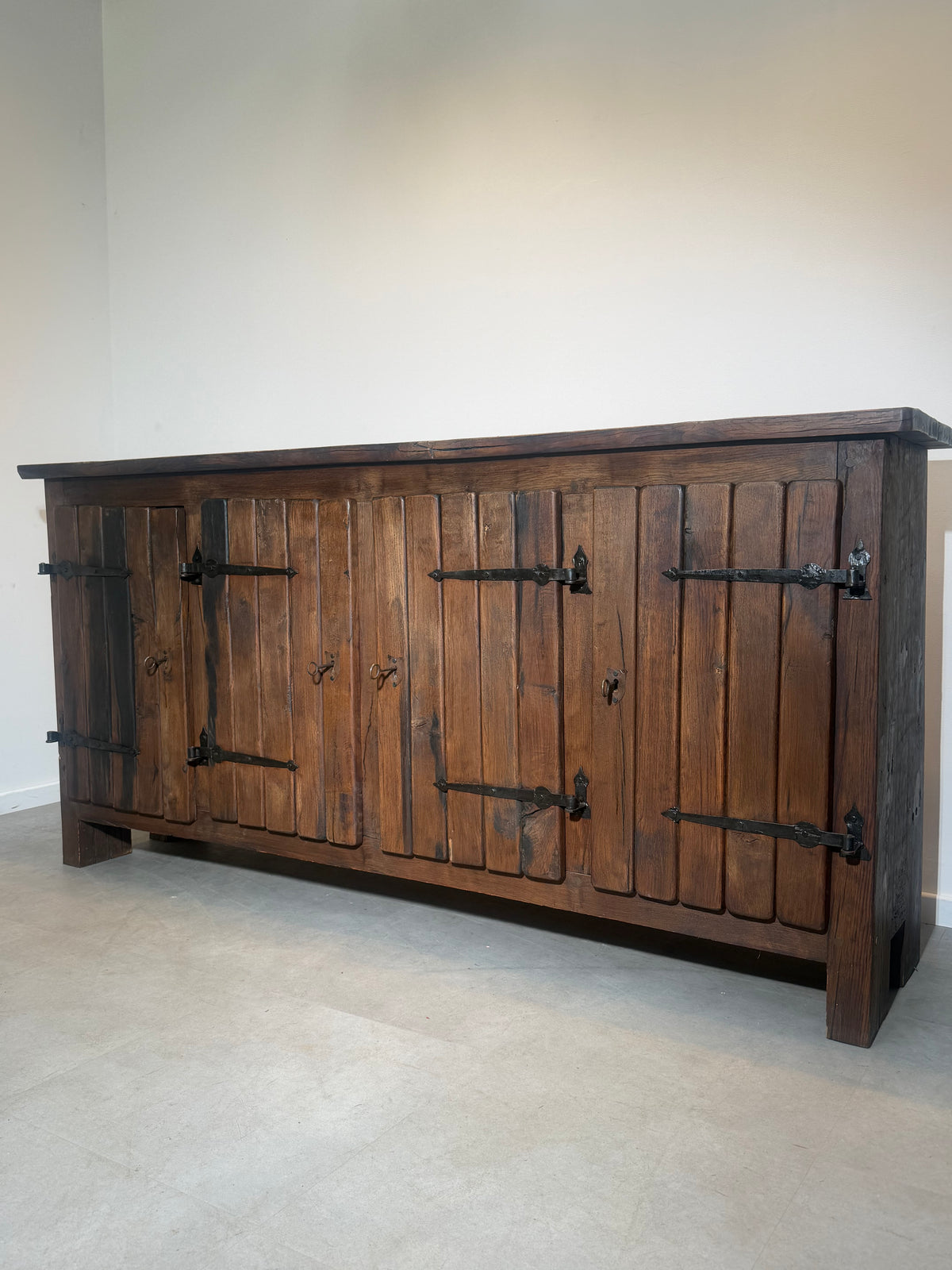 Large Brutalist Solid Wood Sideboard with Hand-Forged Iron Hardware