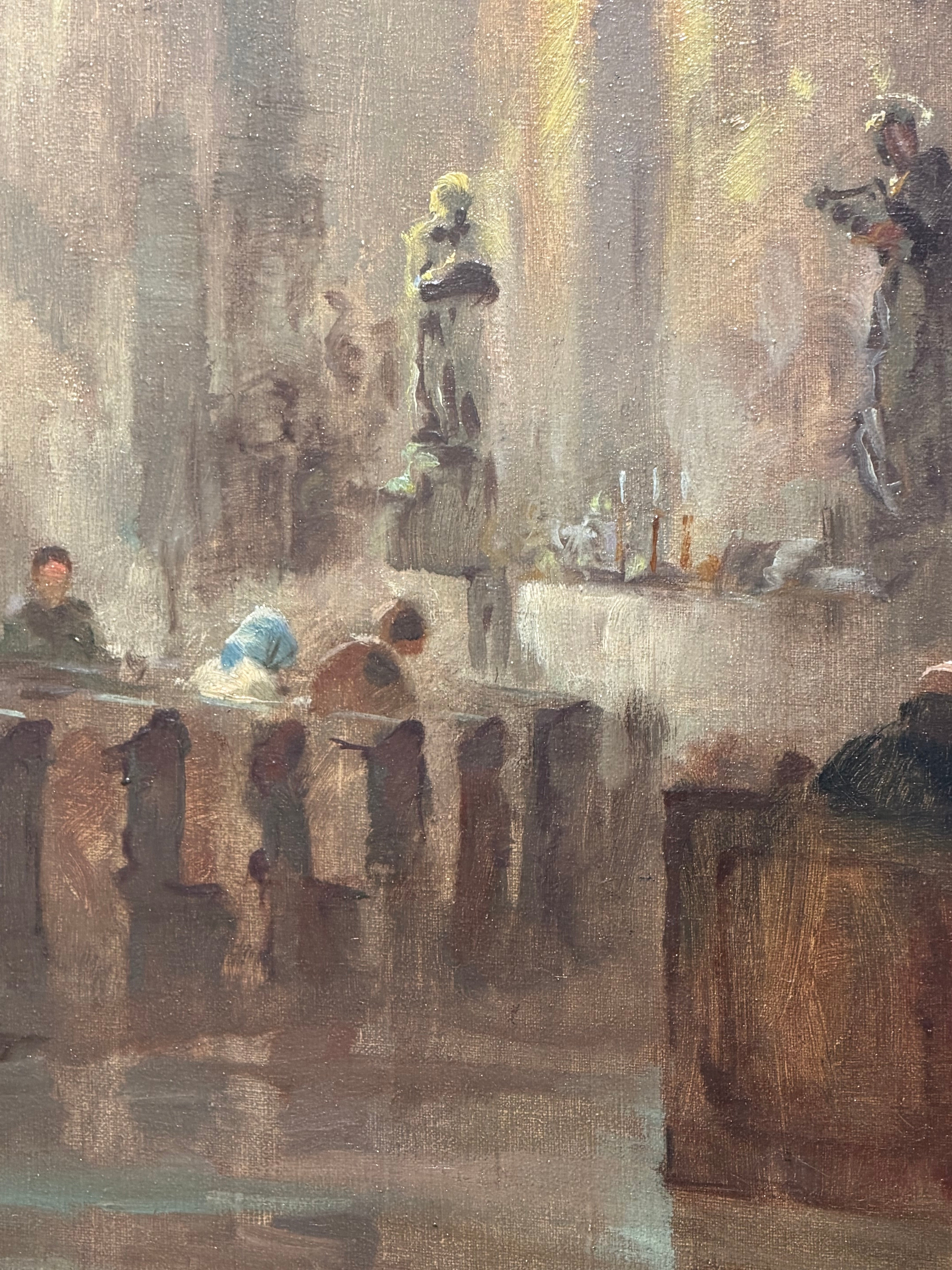 Antique Church Interior - Oil on Canvas - Signed