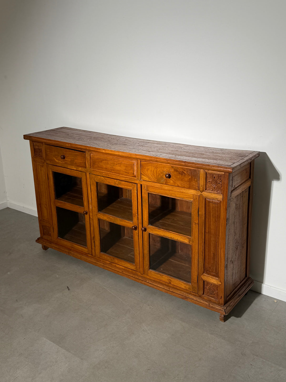 Antique Rustic Teak Display Cabinet / Sideboard with Glass Doors